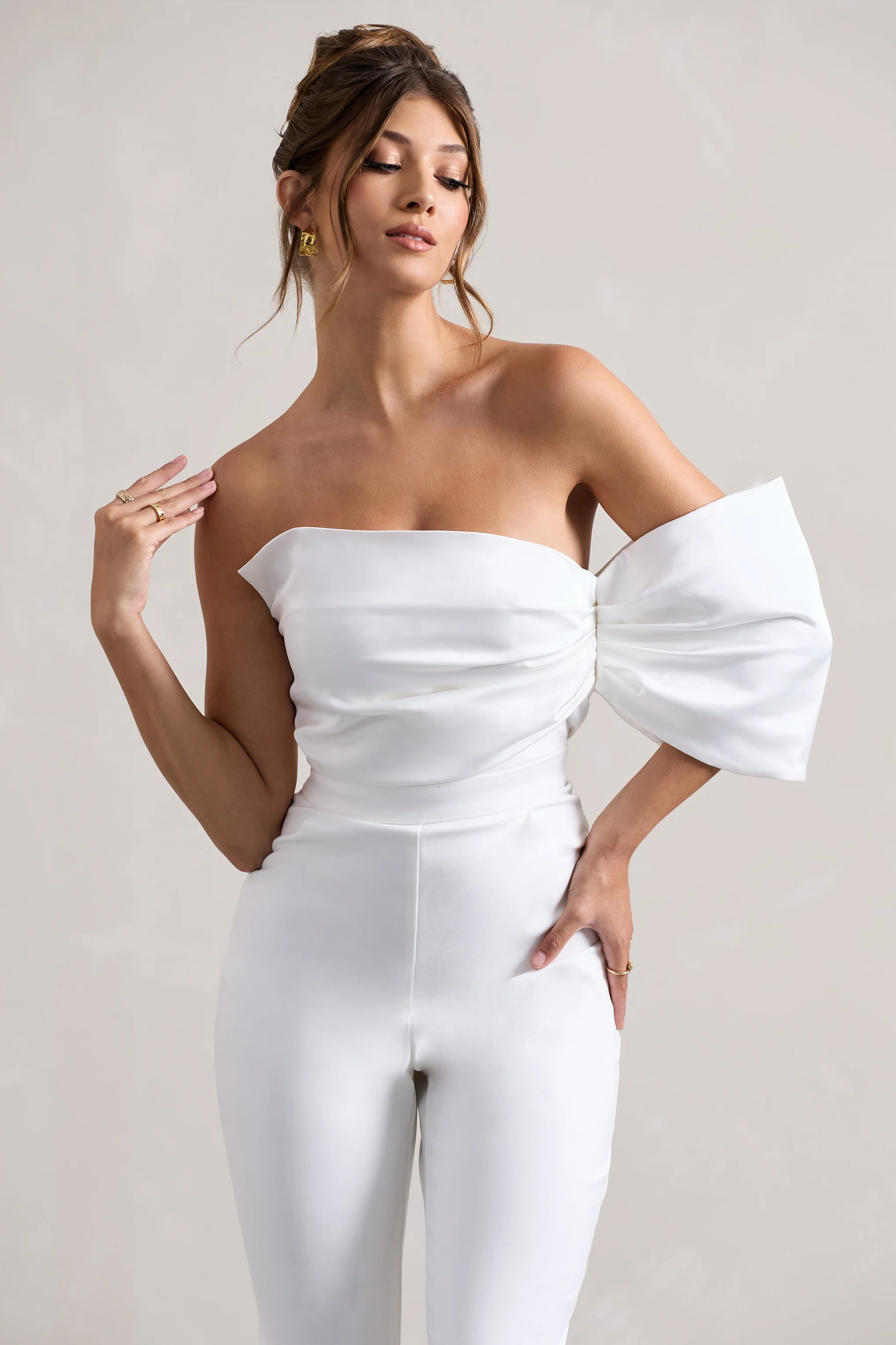 Adabella | White Satin Strapless One-Sleeve Straight-Leg Jumpsuit - Image 3