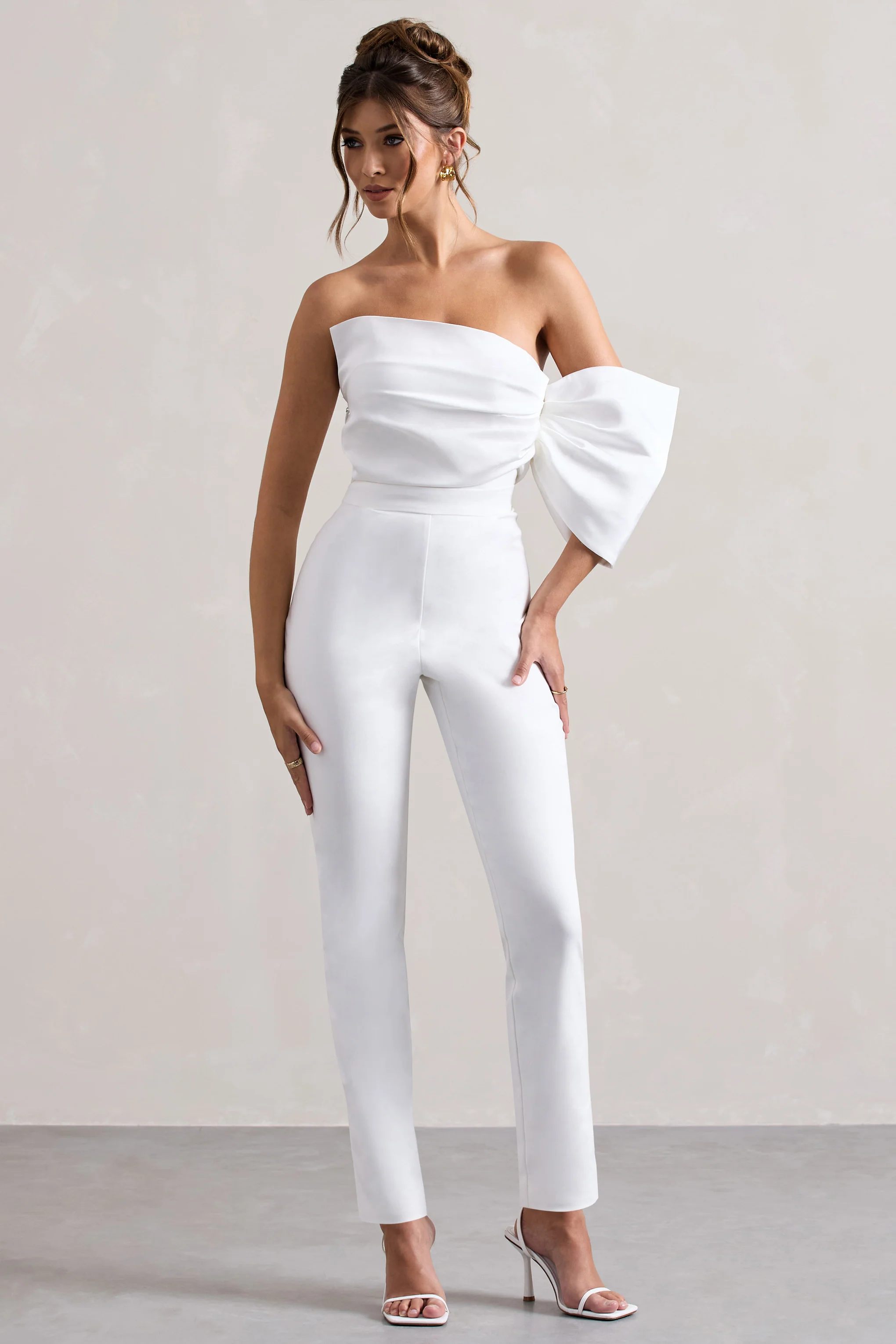 Adabella | White Satin Strapless One-Sleeve Straight-Leg Jumpsuit - Image 4