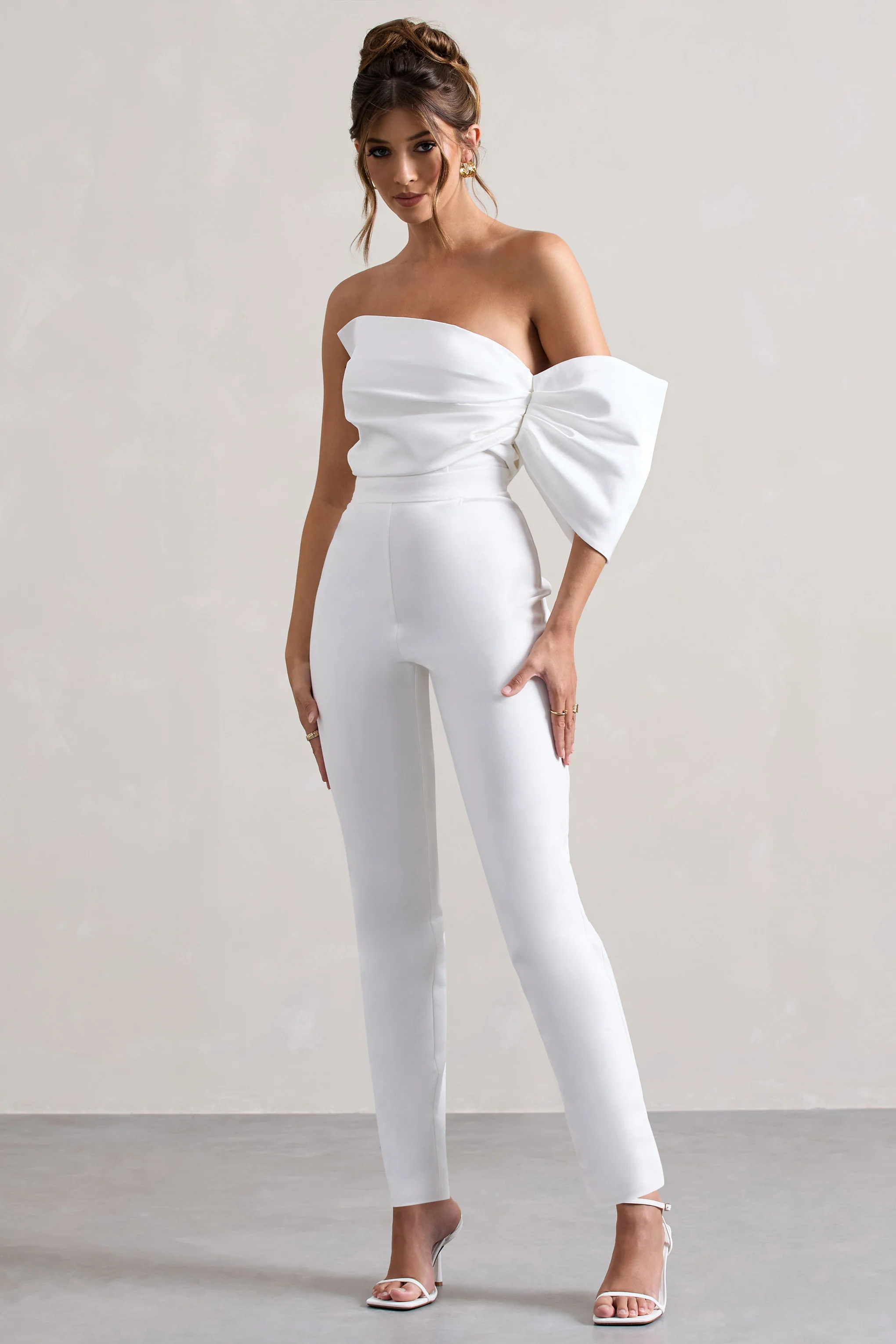 Adabella | White Satin Strapless One-Sleeve Straight-Leg Jumpsuit - Image 5