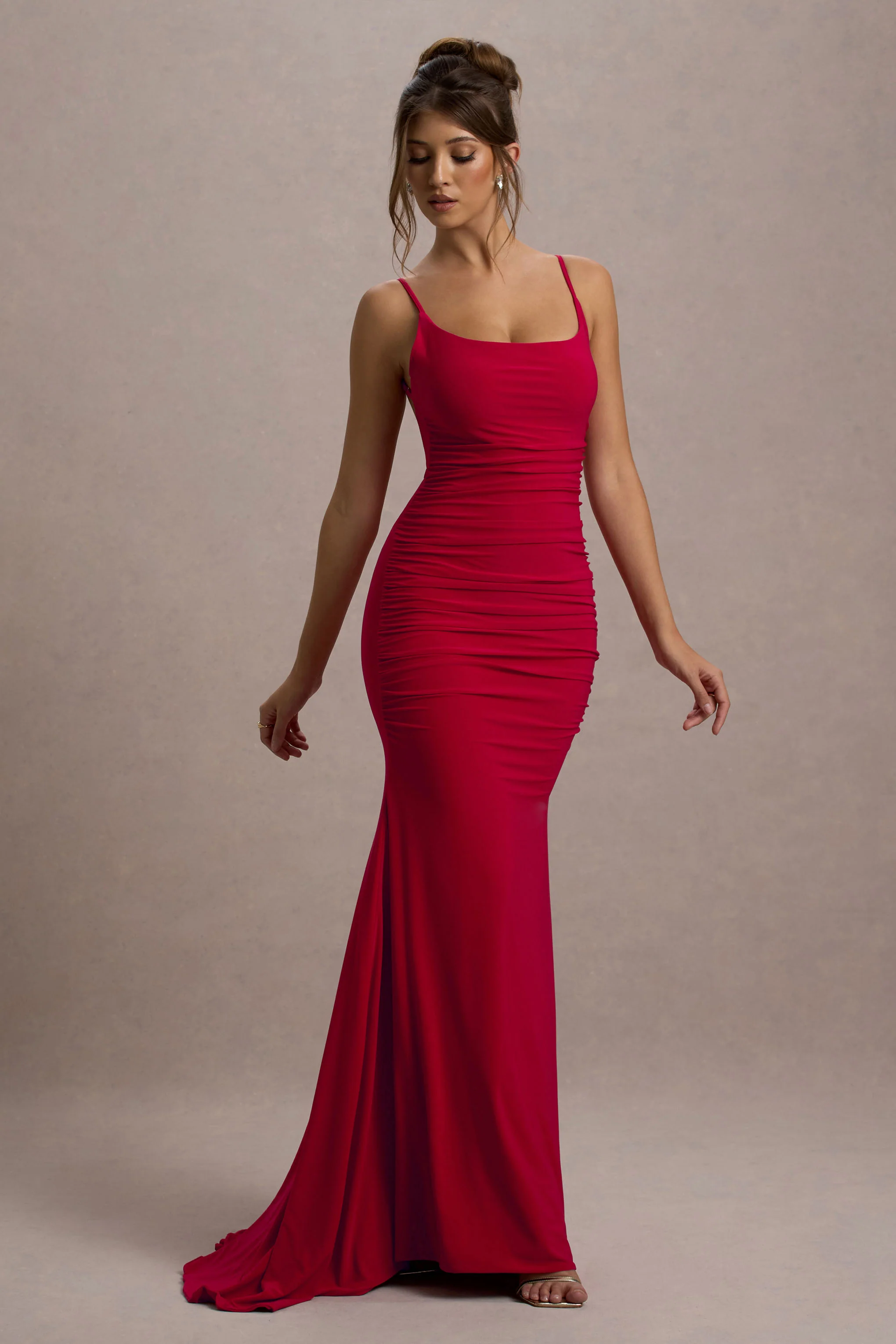 Adele | Red Ruched Fishtail Cami Maxi Dress - Image 5