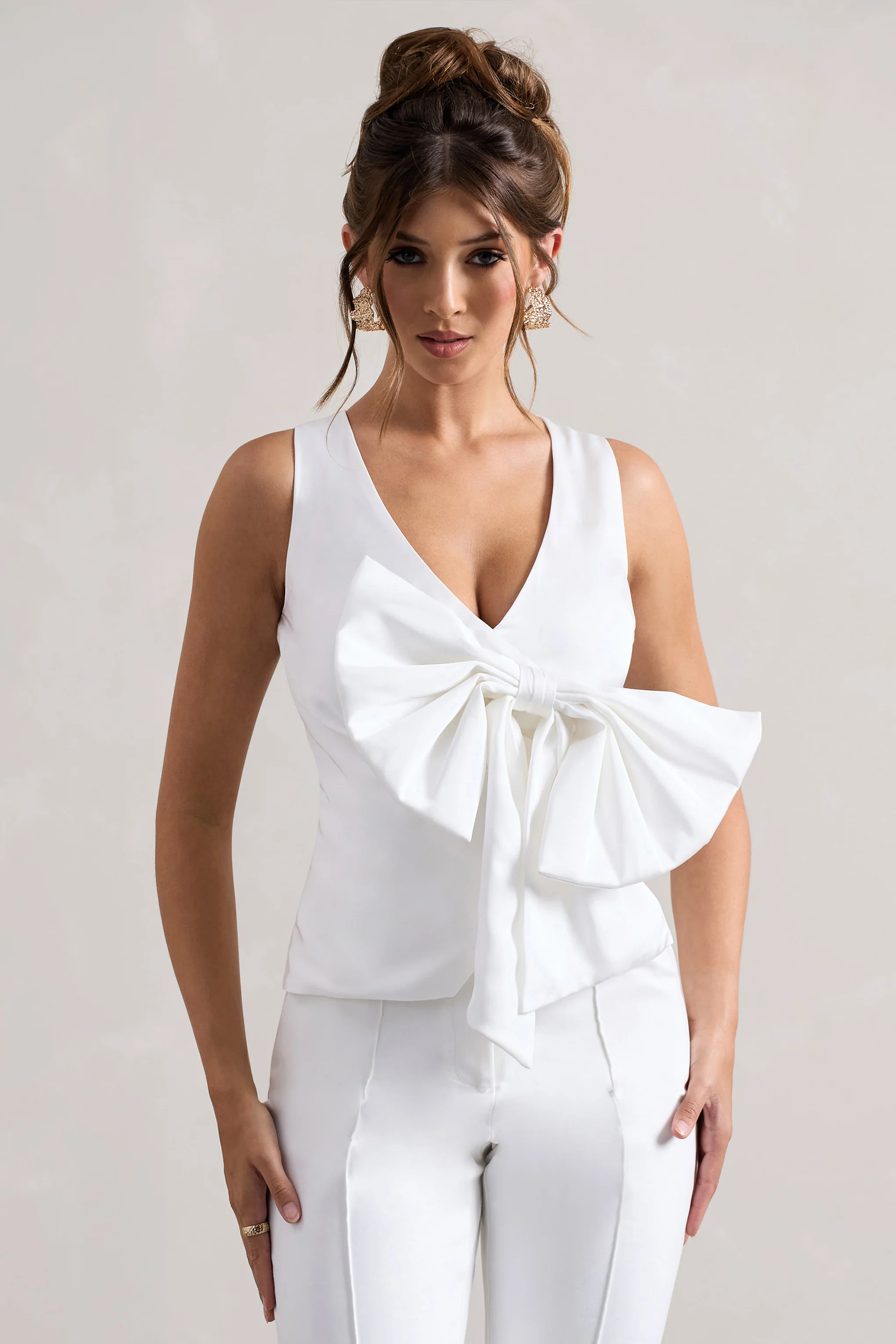 Adoration | Cream Satin Plunge-Neck Top With Bow - Image 5