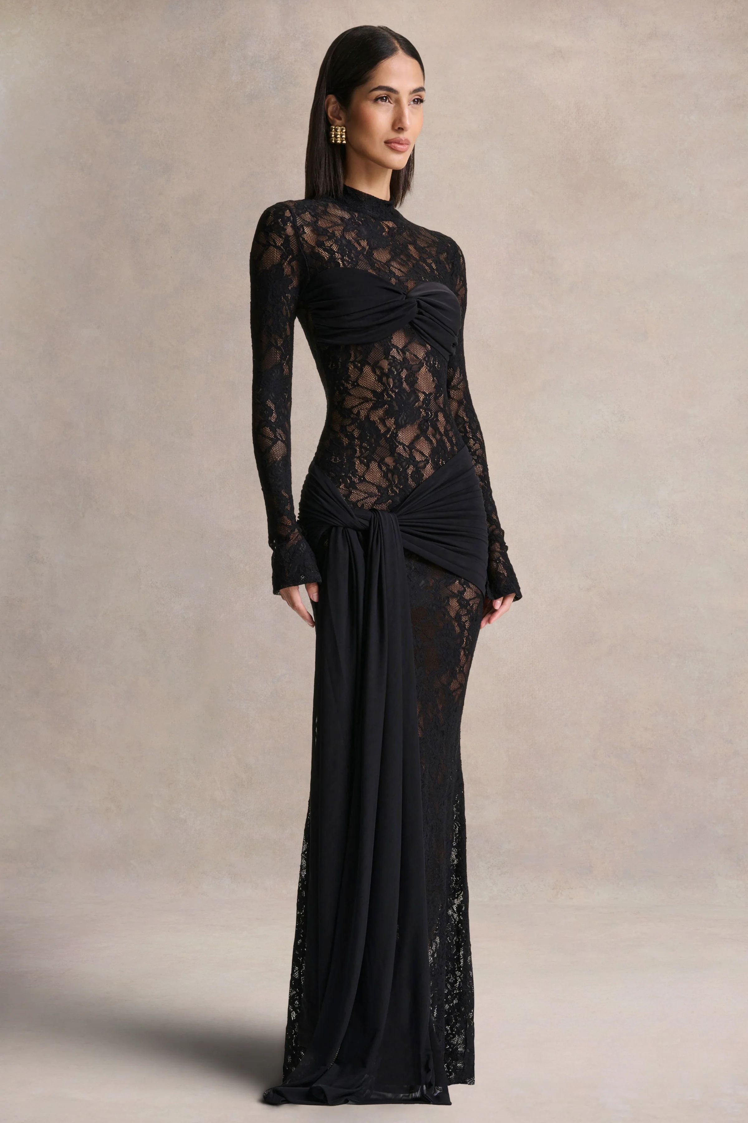 Akira | Black Lace Maxi Dress With Sash-Detail - Image 5