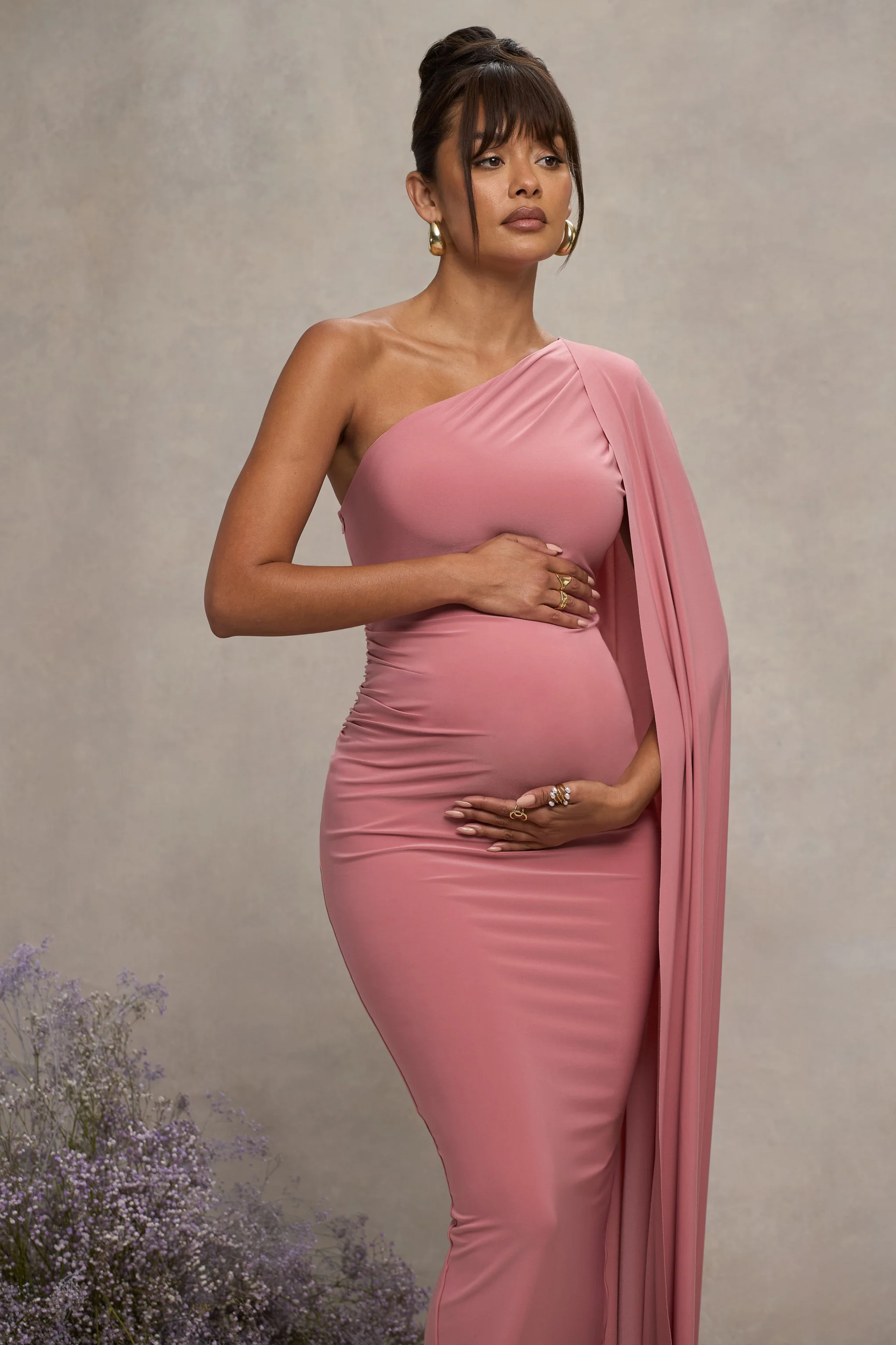 Amaryllis | Blush Pink Maternity One Shoulder Maxi Dress with Cape Sleeve - Image 3