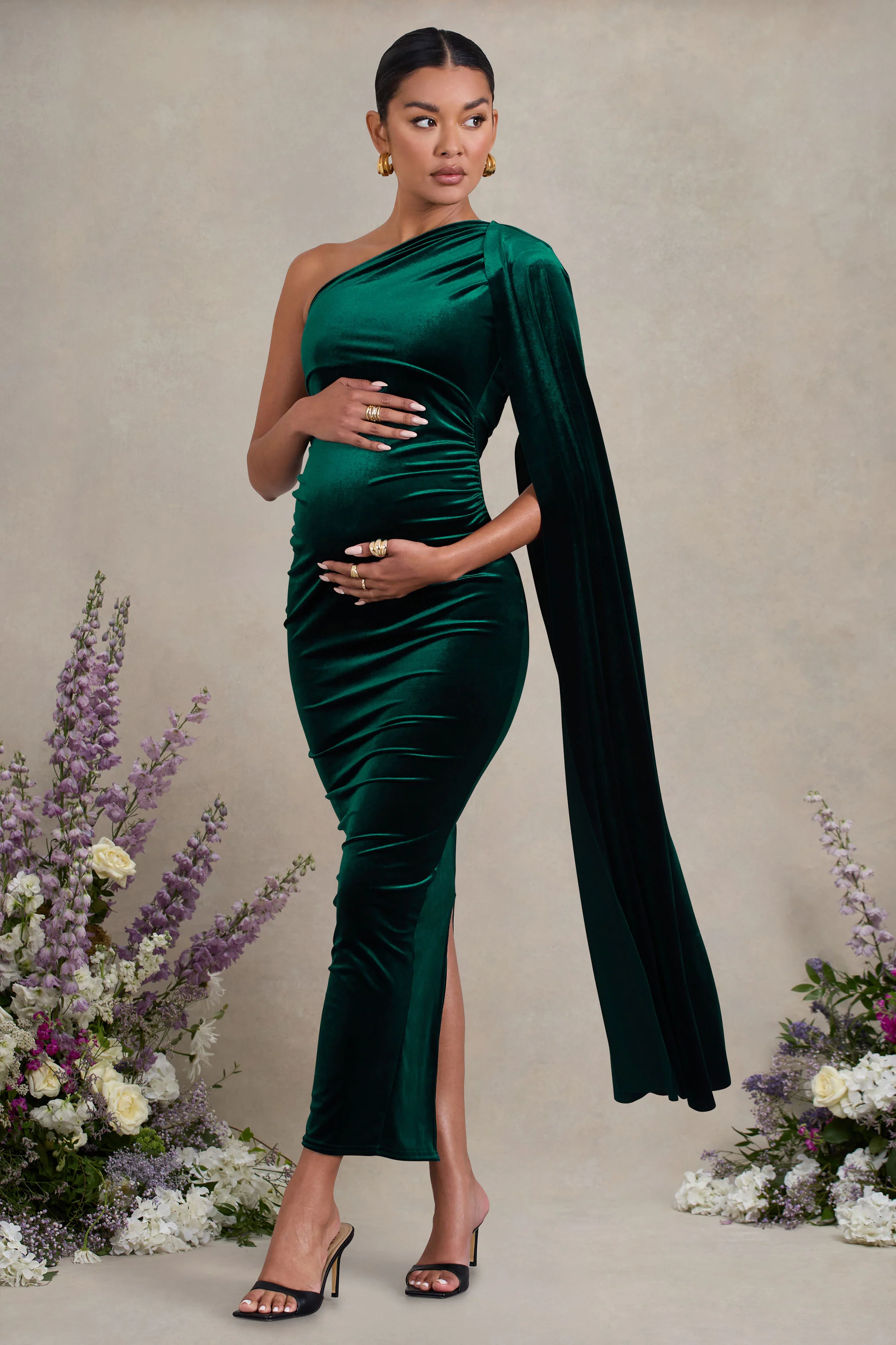 Amaryllis | Bottle Green Velvet Maternity One Shoulder Maxi Dress with Cape Sleeve - Image 5