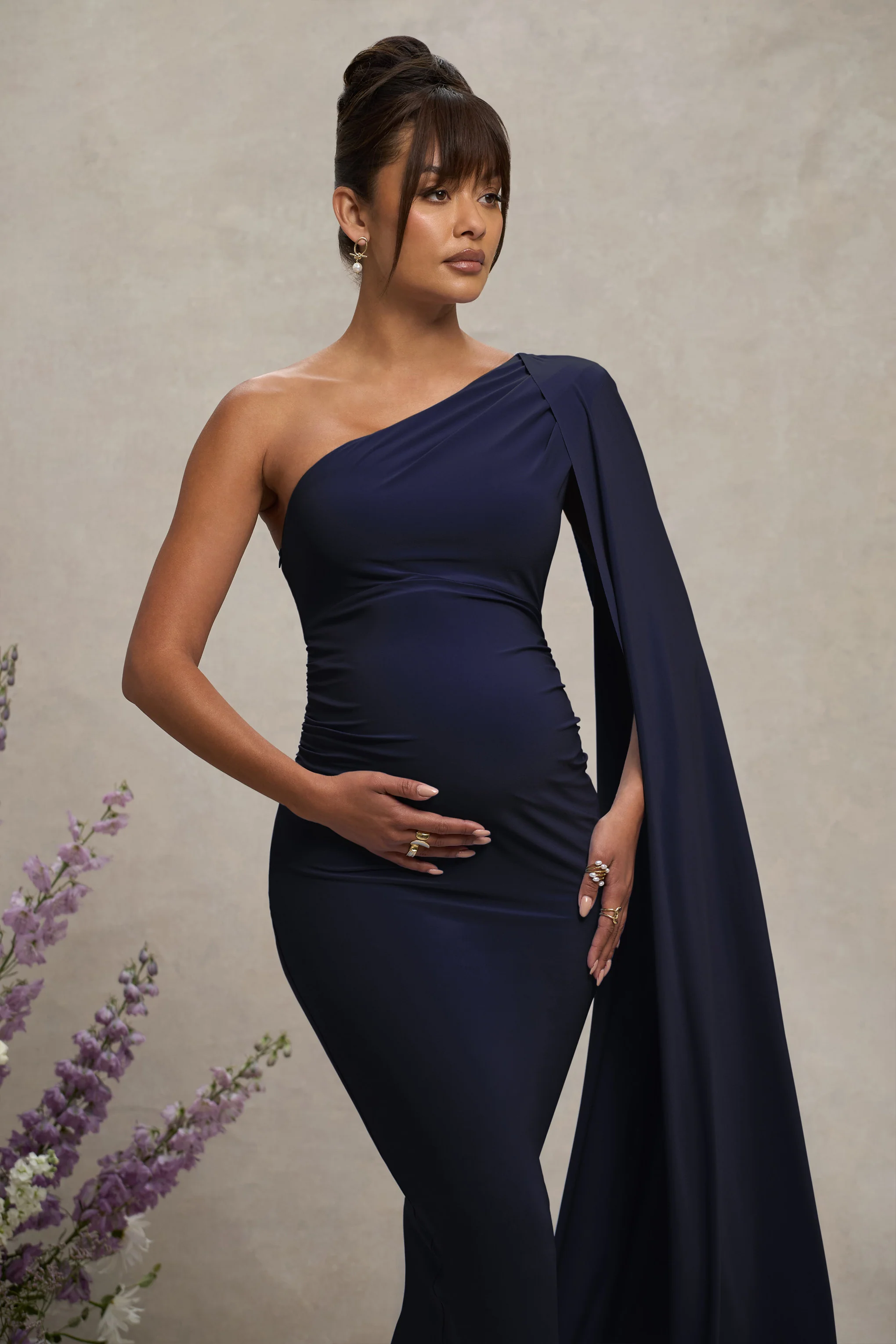 Amaryllis | Navy Maternity One Shoulder Maxi Dress with Cape Sleeve - Image 3