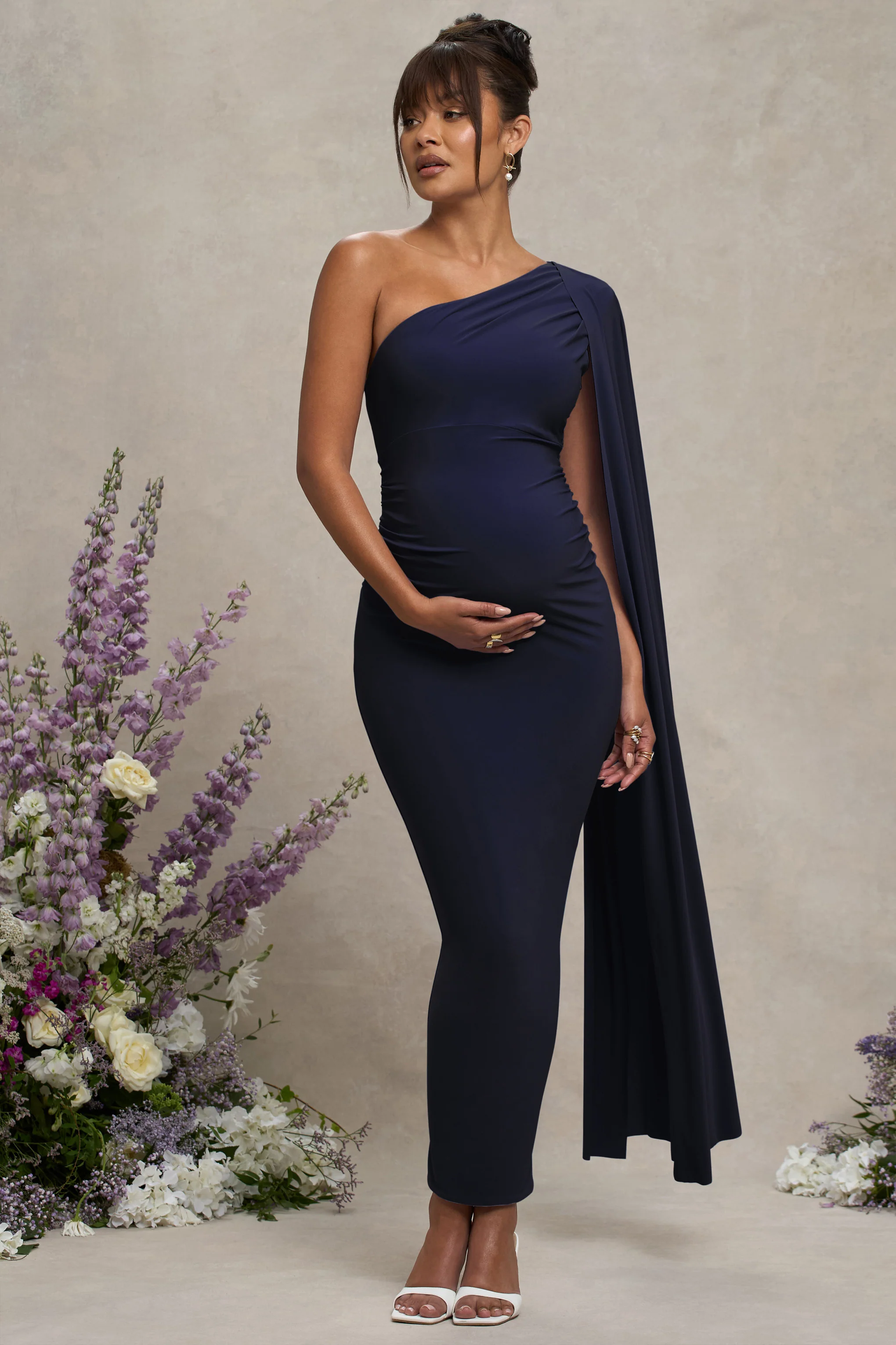 Amaryllis | Navy Maternity One Shoulder Maxi Dress with Cape Sleeve - Image 4