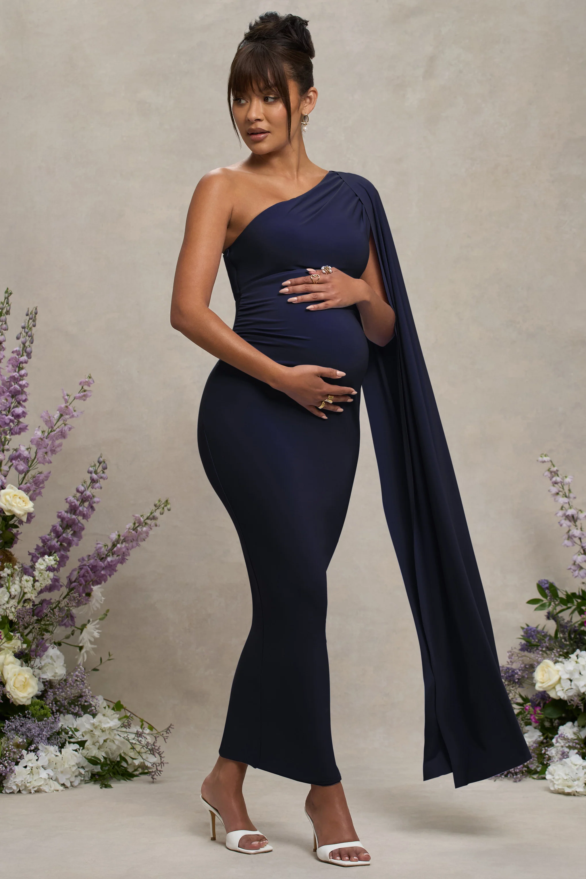 Amaryllis | Navy Maternity One Shoulder Maxi Dress with Cape Sleeve - Image 5