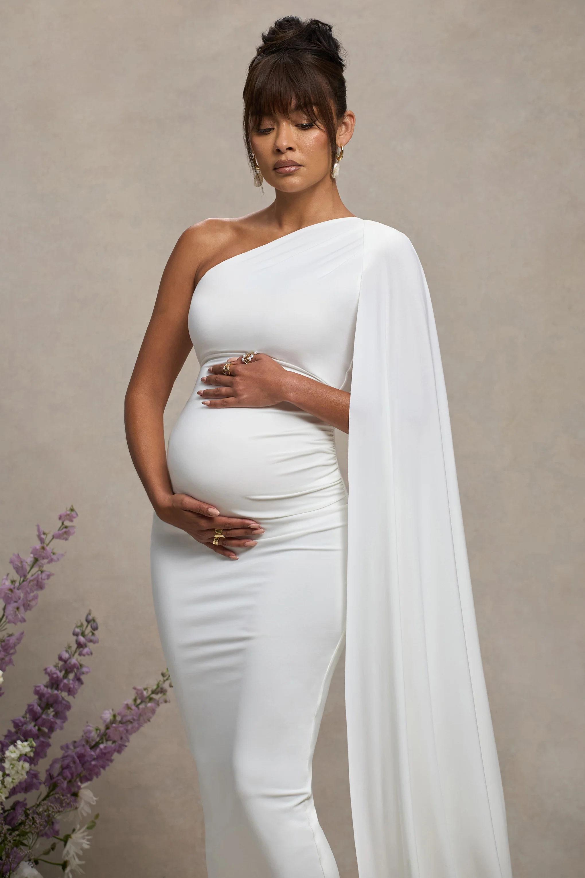 Amaryllis | White Maternity One Shoulder Maxi Dress with Cape Sleeve - Image 3