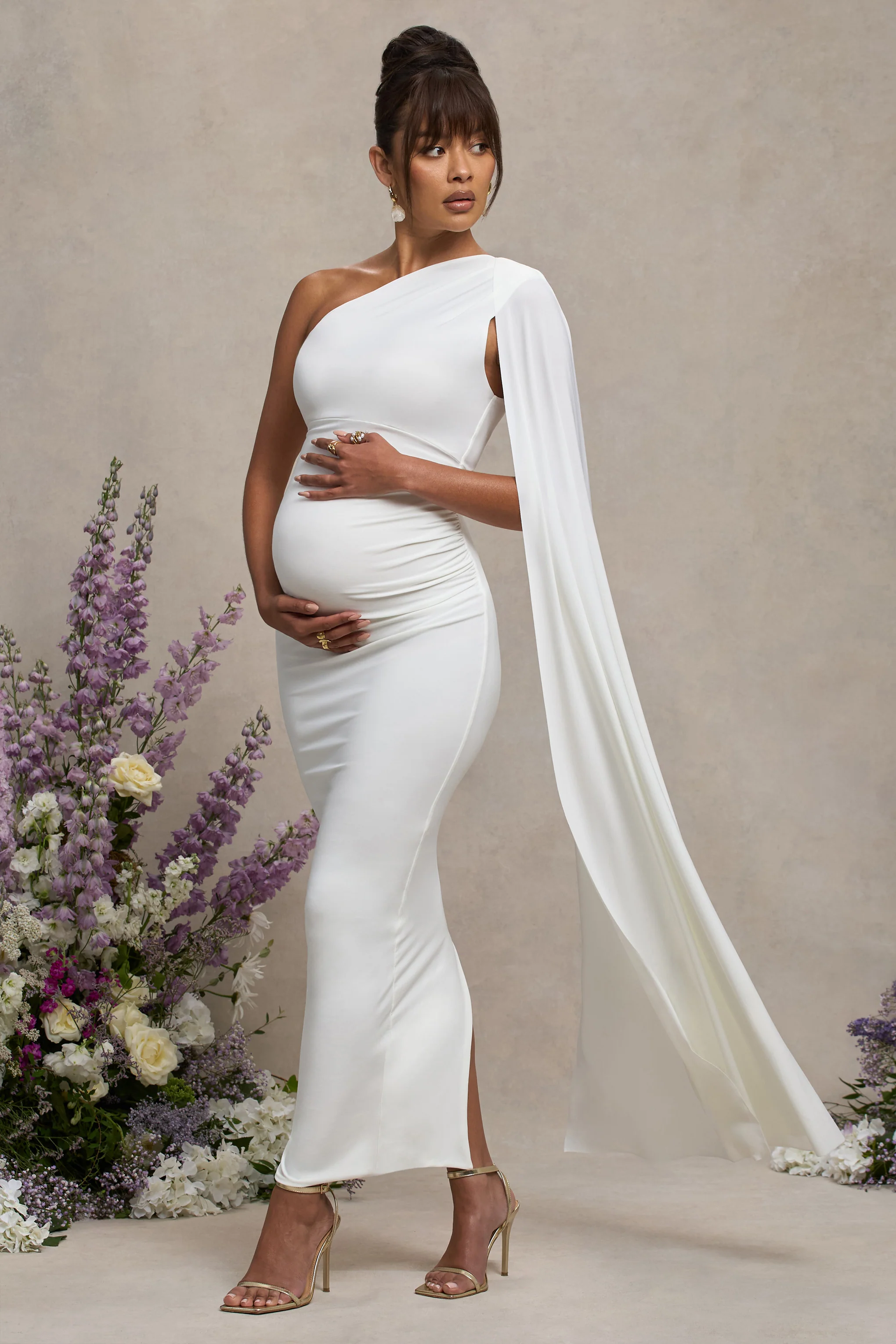 Amaryllis | White Maternity One Shoulder Maxi Dress with Cape Sleeve - Image 5