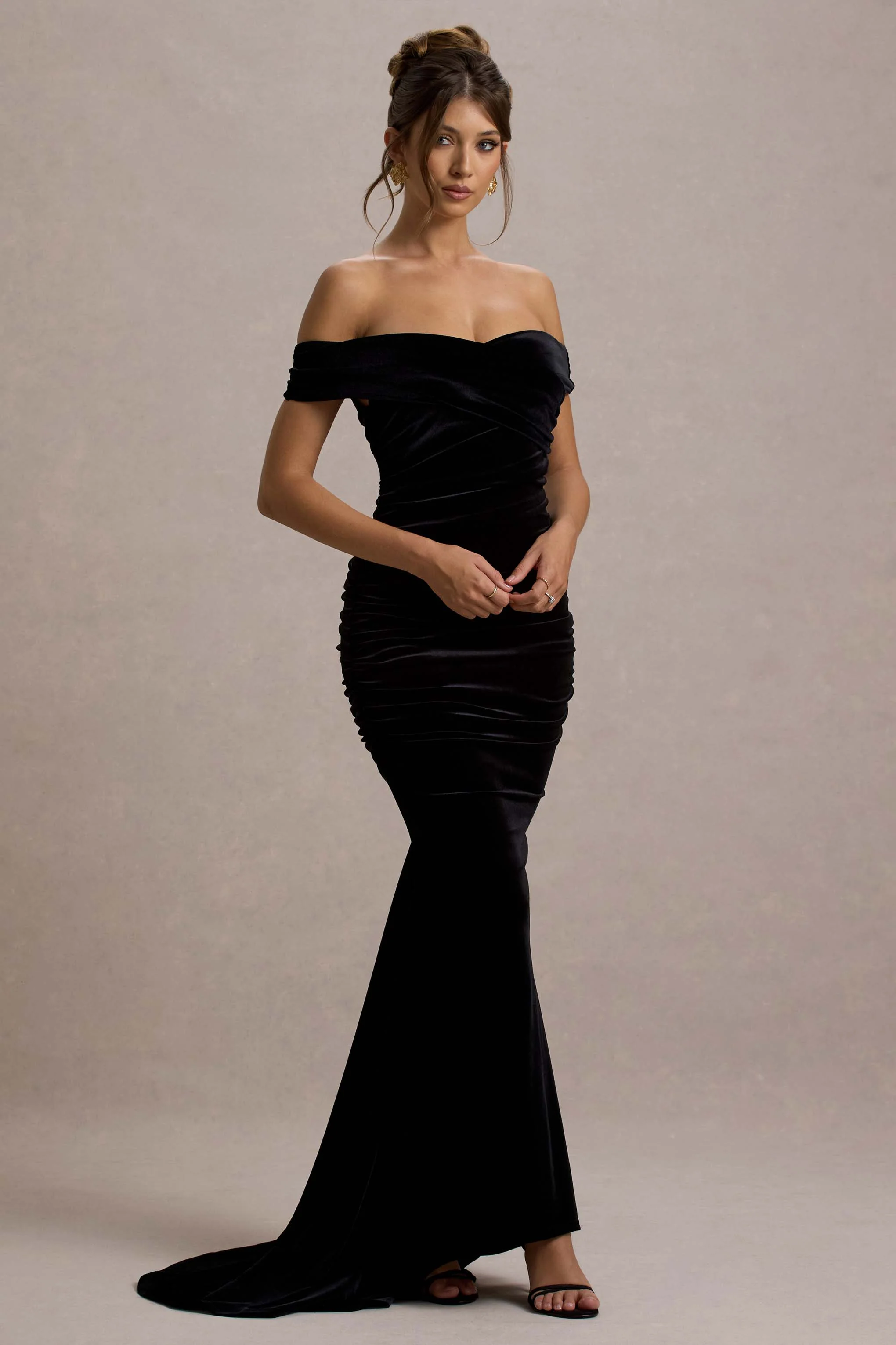 Apolline | Black Velvet Off The Shoulder Ruched Fishtail Maxi Dress - Image 5