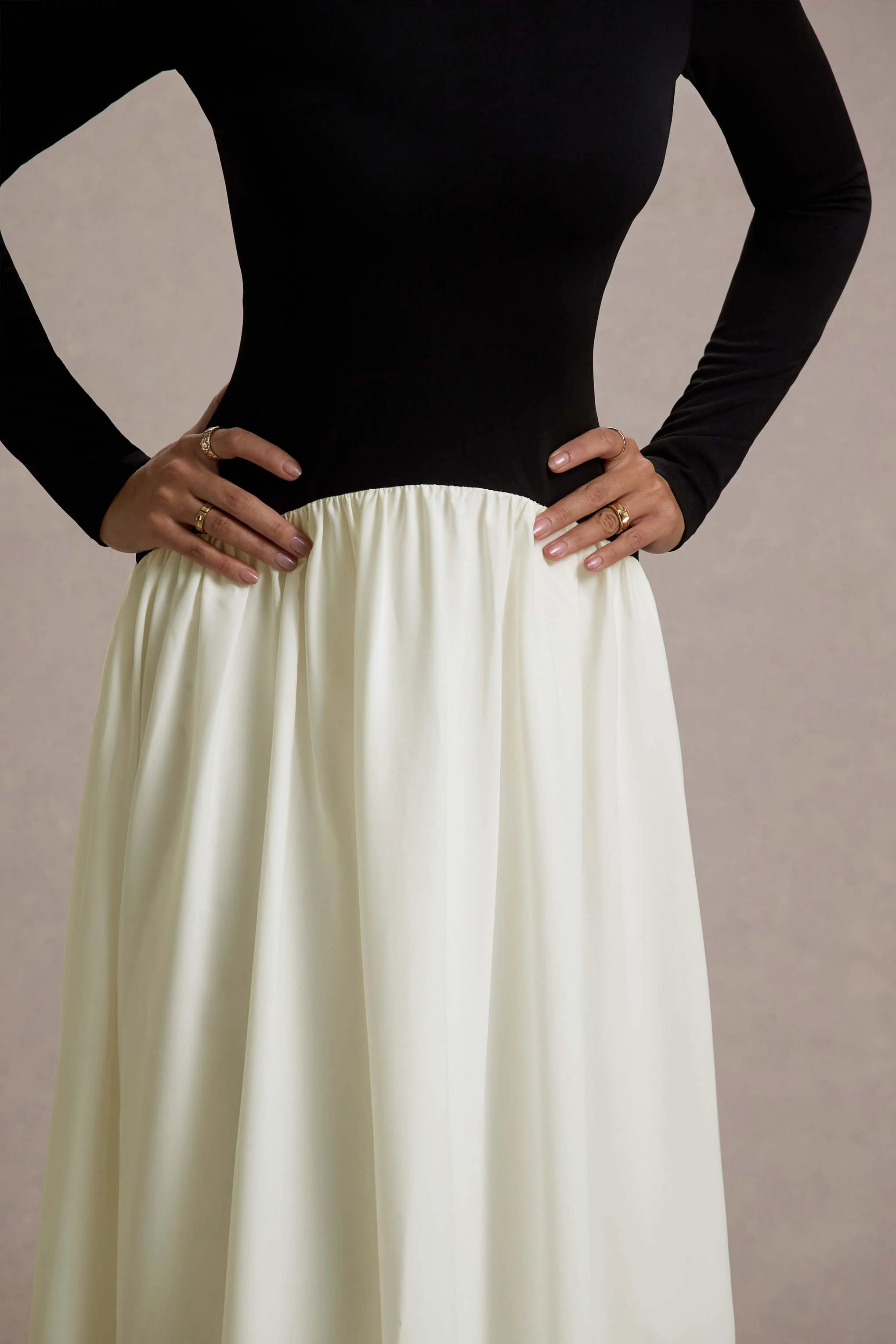 Benedetta | Black & Cream Long-Sleeve Drop-Waist Maxi Dress - Image 6
