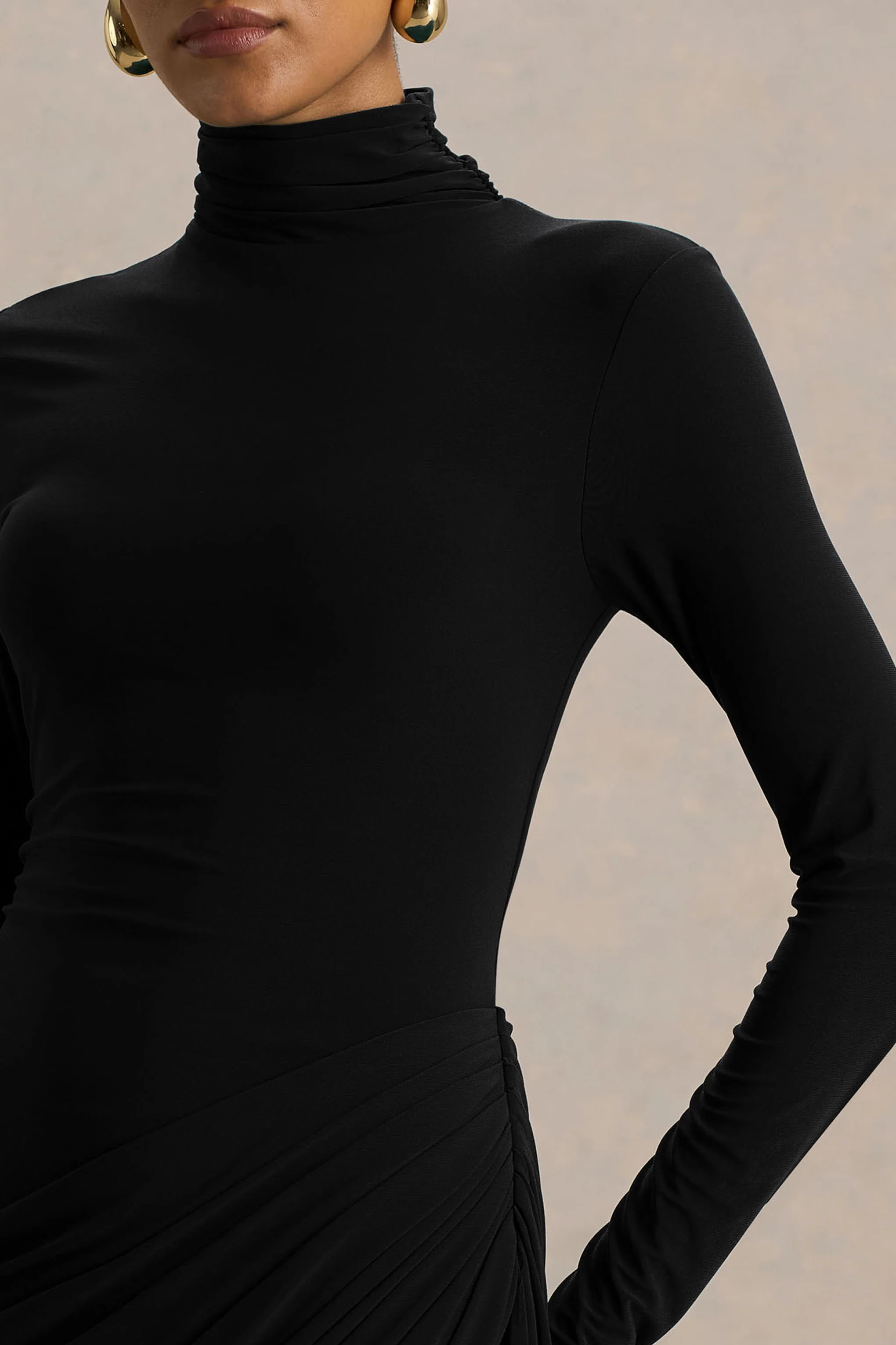 Betsy | Black High-Neck Maxi Dress With Front Split And Ruched Detailing - Image 4