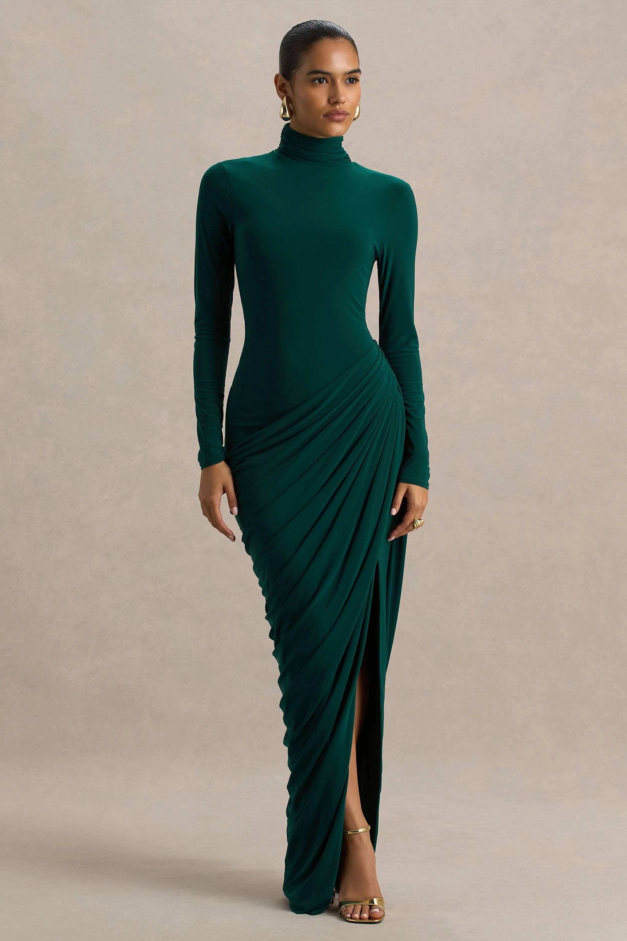 Betsy | Bottle Green High-Neck Maxi Dress With Front Split And Ruched Detailing - Image 3