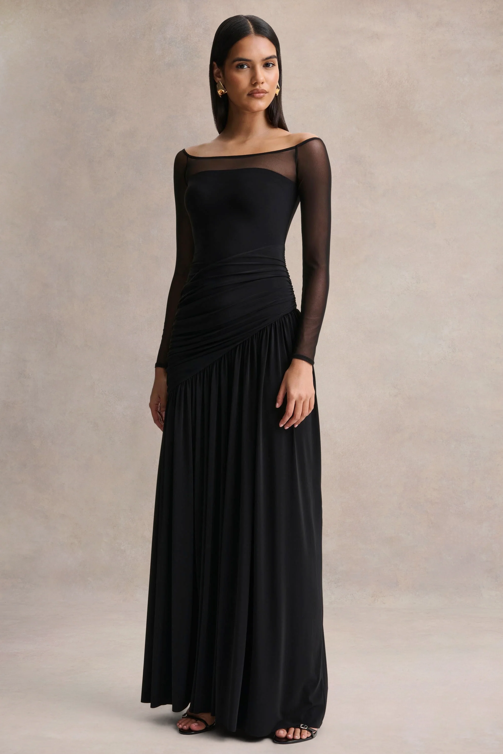 Bexley | Black Bardot-Neck Draped Maxi Dress With Long Mesh-Sleeves - Image 4