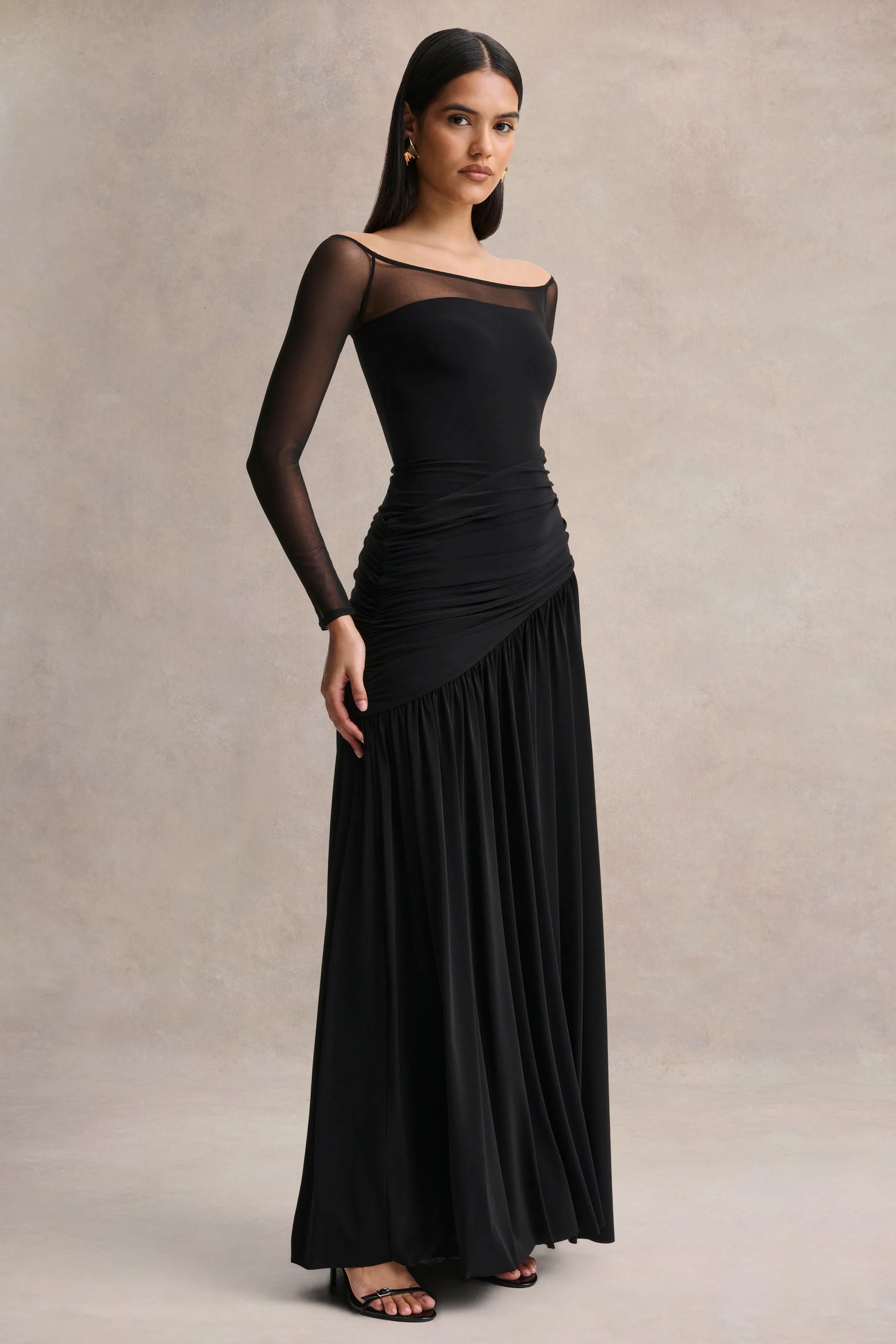 Bexley | Black Bardot-Neck Draped Maxi Dress With Long Mesh-Sleeves - Image 5