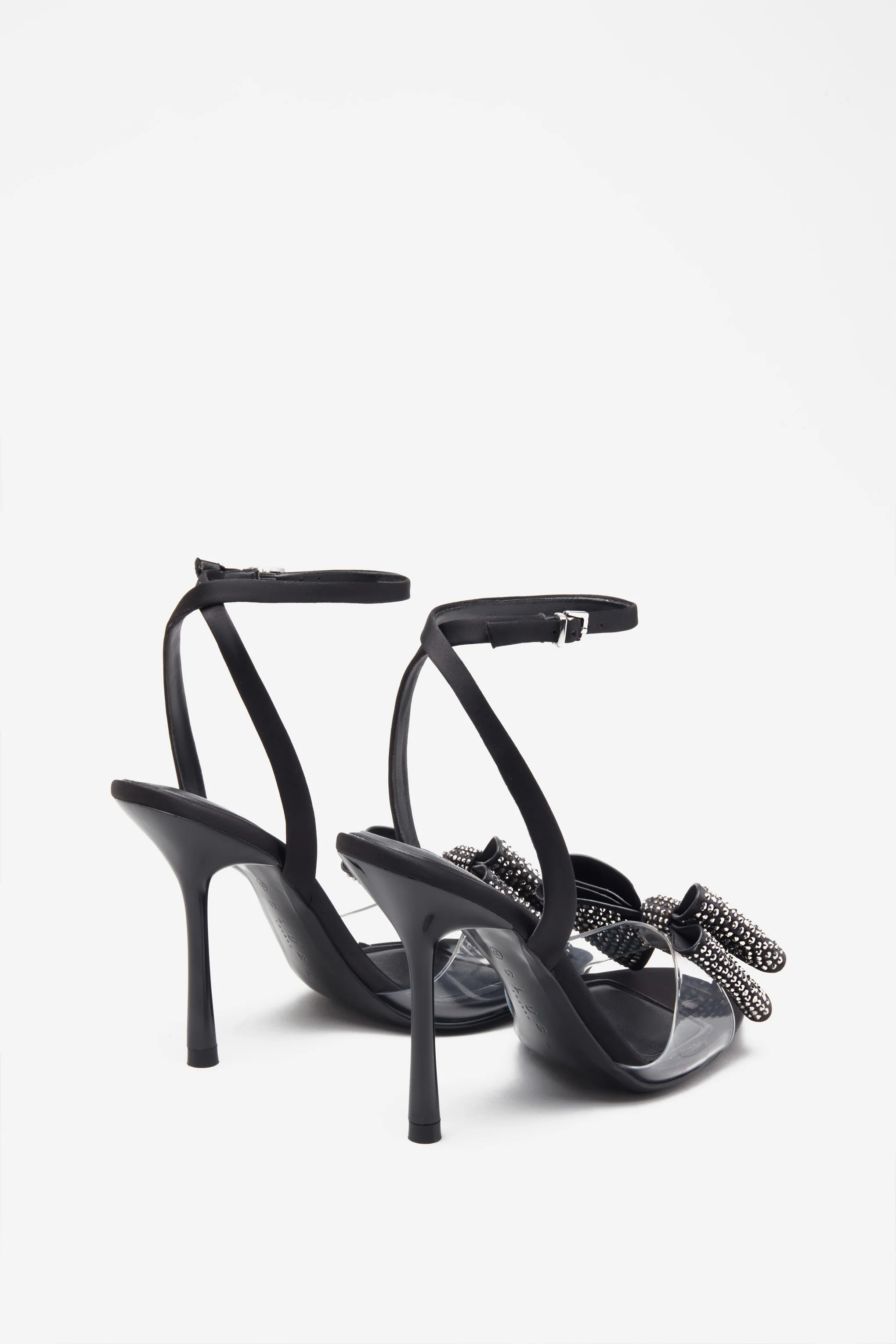 Bowing | Black Satin Heeled Sandals With Diamante Bows - Image 3