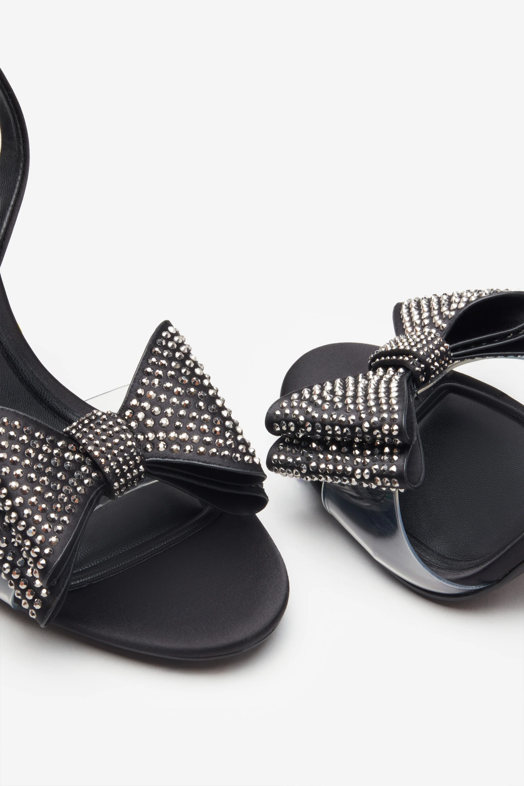 Bowing | Black Satin Heeled Sandals With Diamante Bows - Image 4