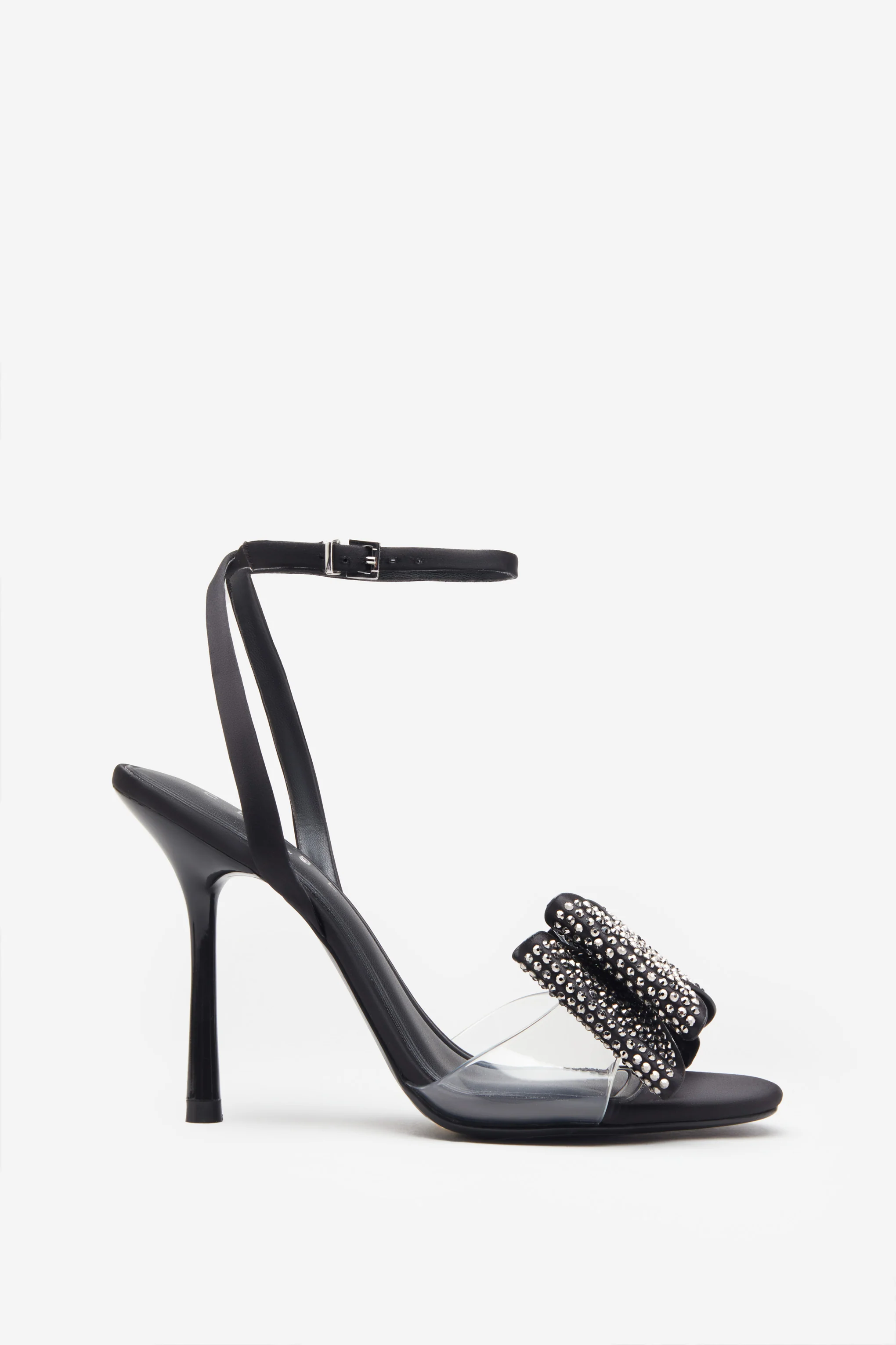Bowing | Black Satin Heeled Sandals With Diamante Bows - Image 5