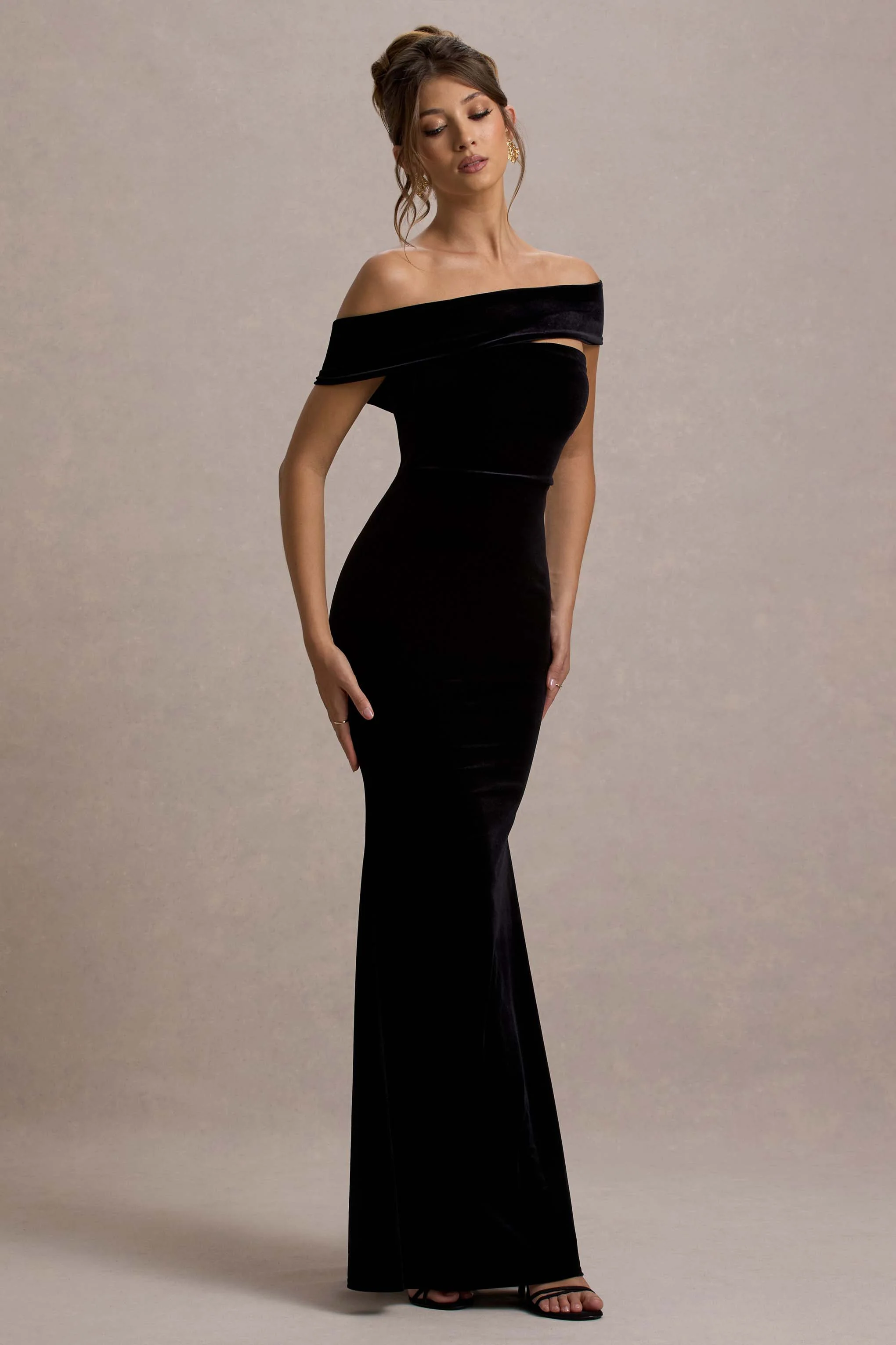 Candela | Black Velvet Asymmetric Bardot Maxi Dress - Image 4