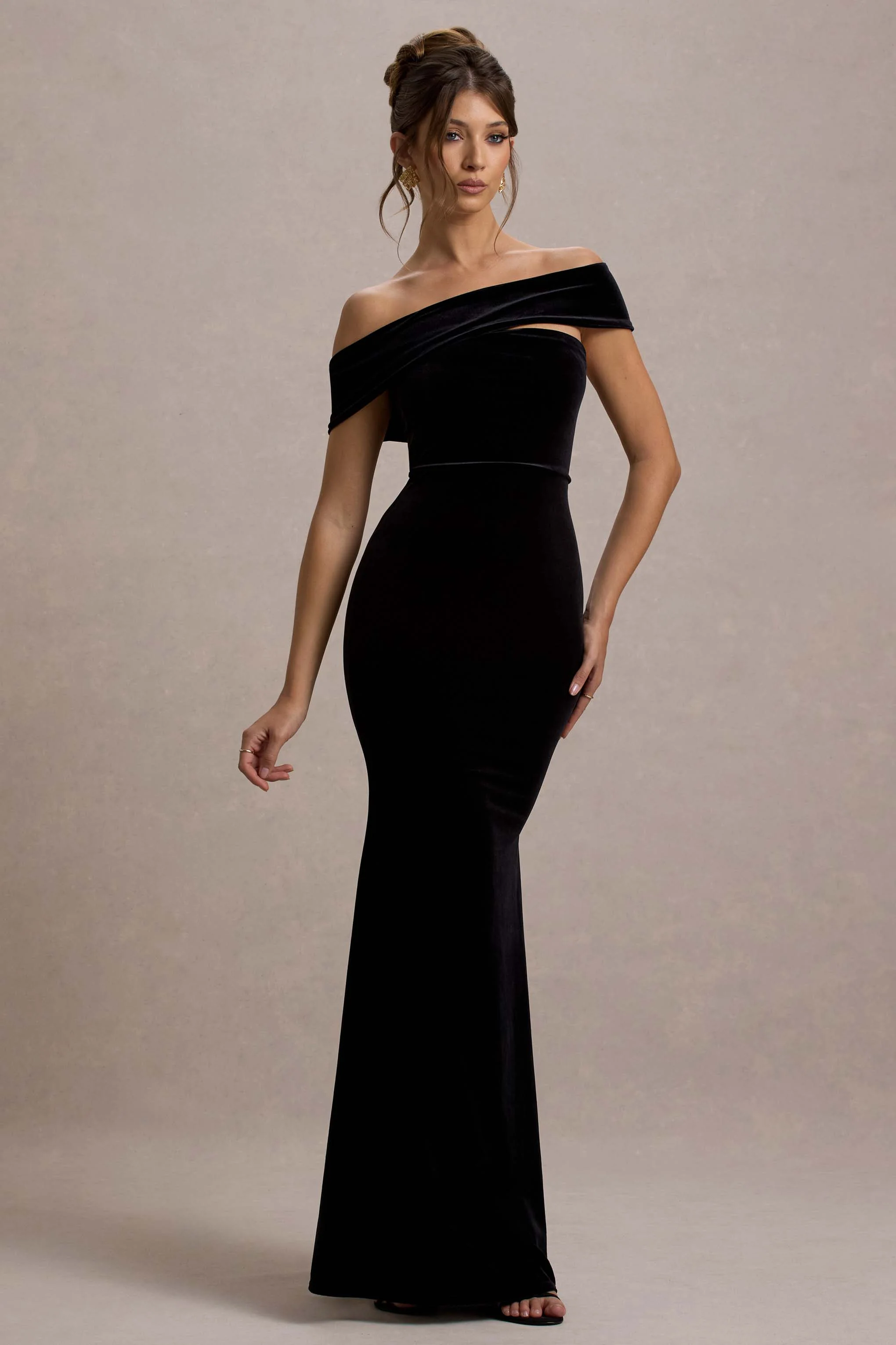 Candela | Black Velvet Asymmetric Bardot Maxi Dress - Image 5