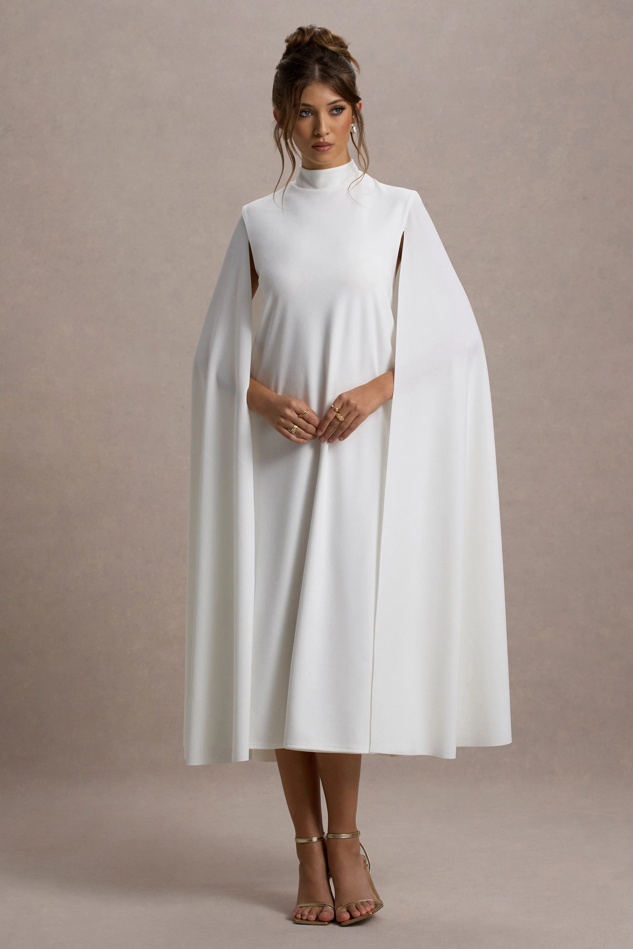 Carnation | White Long-Sleeve Midi Dress With Cape - Image 3