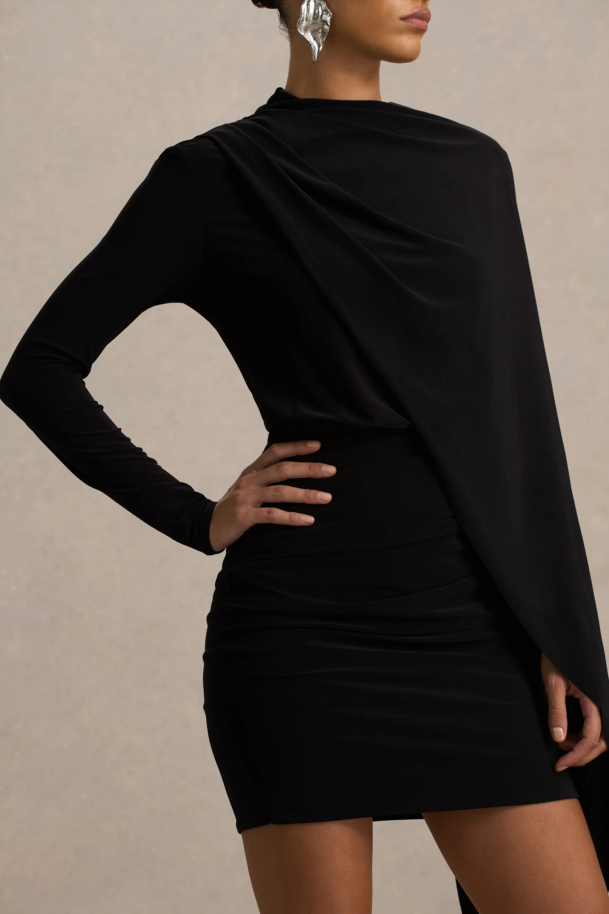 Celeste | Black Long-Sleeve Mini Dress With Cape Sleeve - Image 4