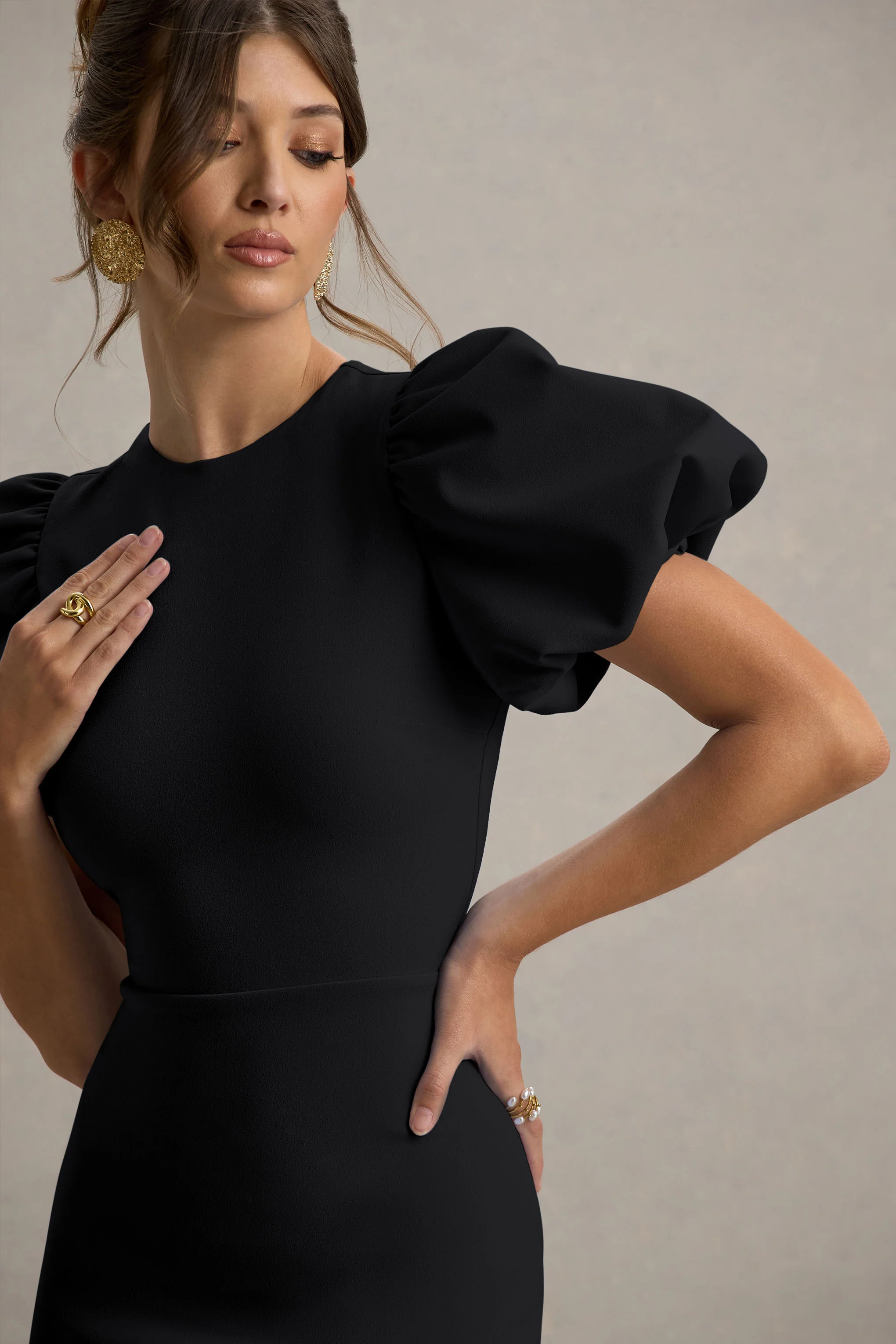 Dakota | Black Puff-Sleeve Midi Dress - Image 3