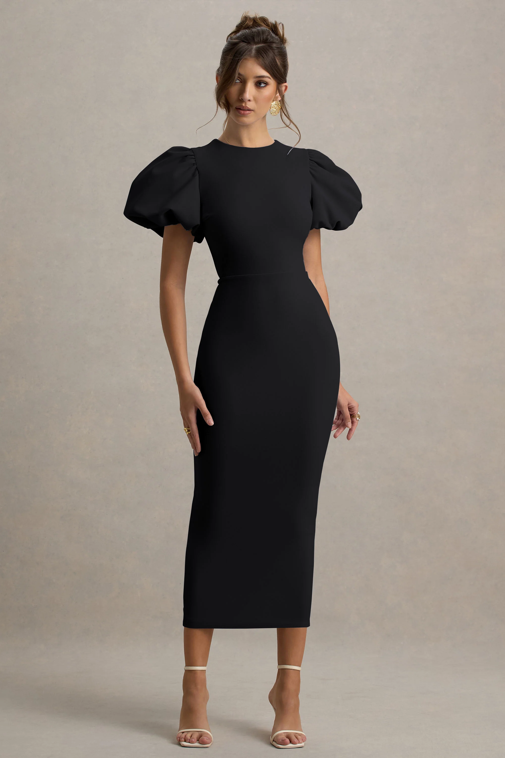 Dakota | Black Puff-Sleeve Midi Dress - Image 4