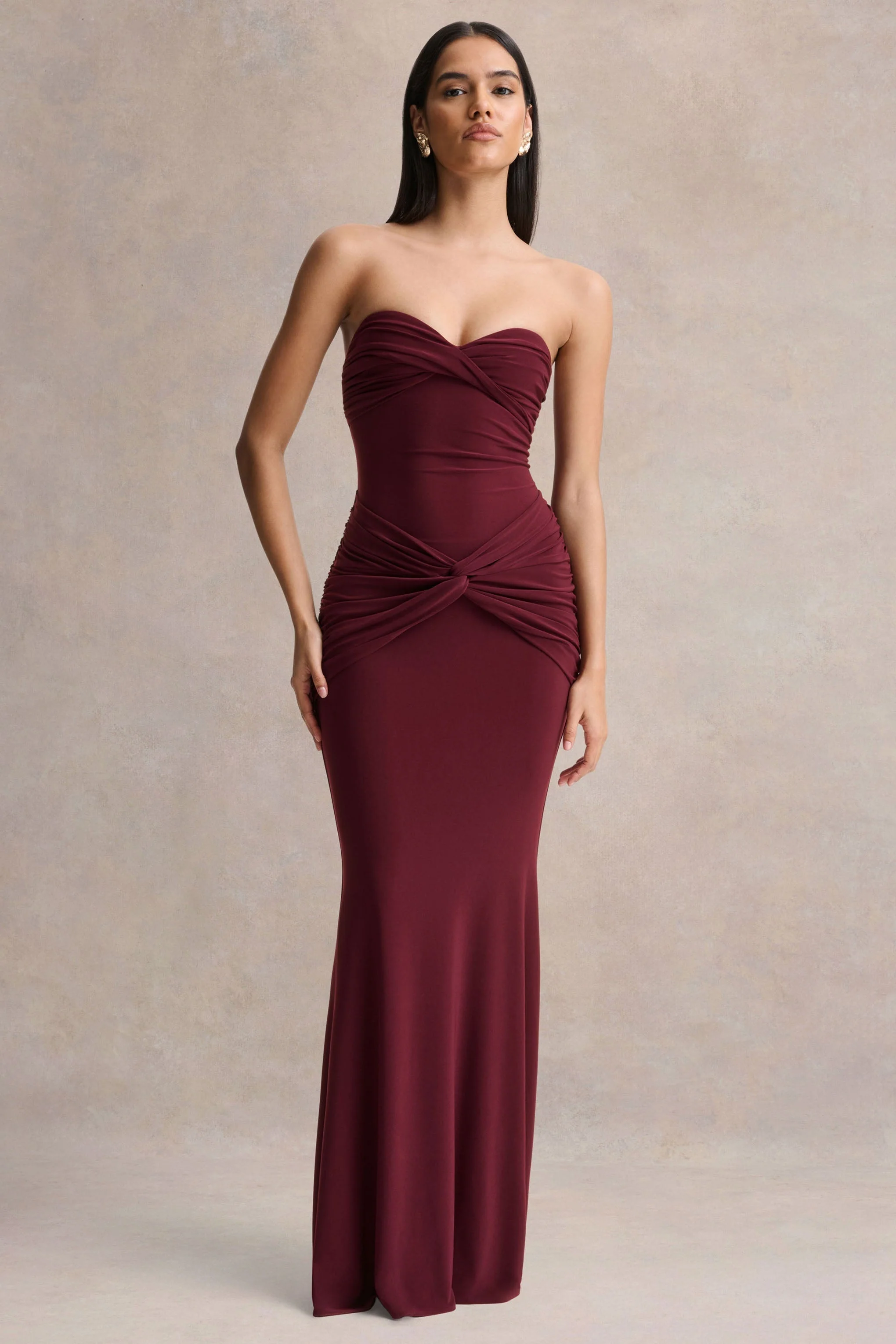 Elodia | Burgundy Bandeau Maxi Dress With Gathered-Detailing - Image 4