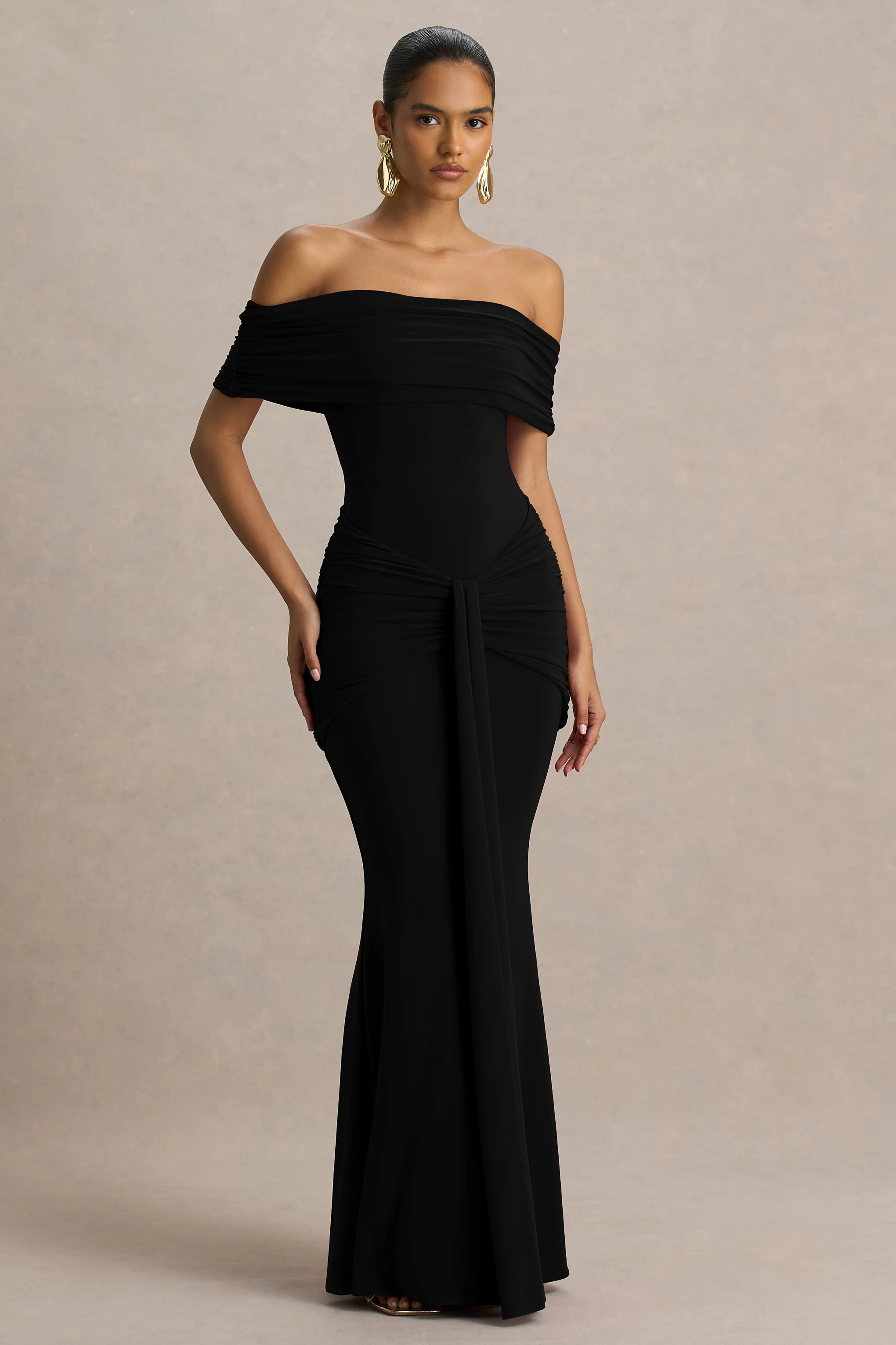 Envisioned | Black Bardot-Neck Maxi Dress With Gathered And Drape Detail - Image 3