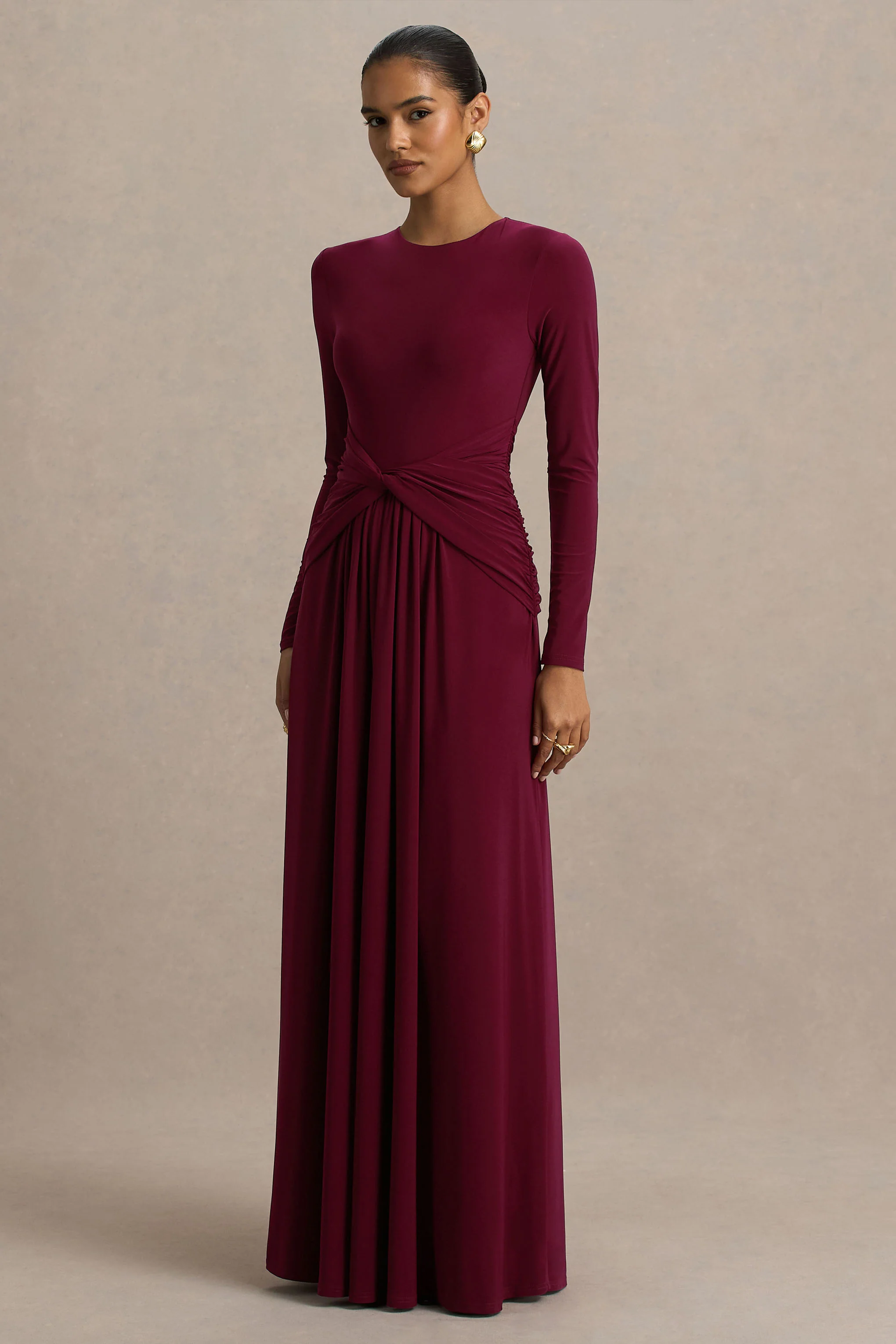 Estrella | Berry High-Neck Maxi Dress With Ruched Detailing - Image 4
