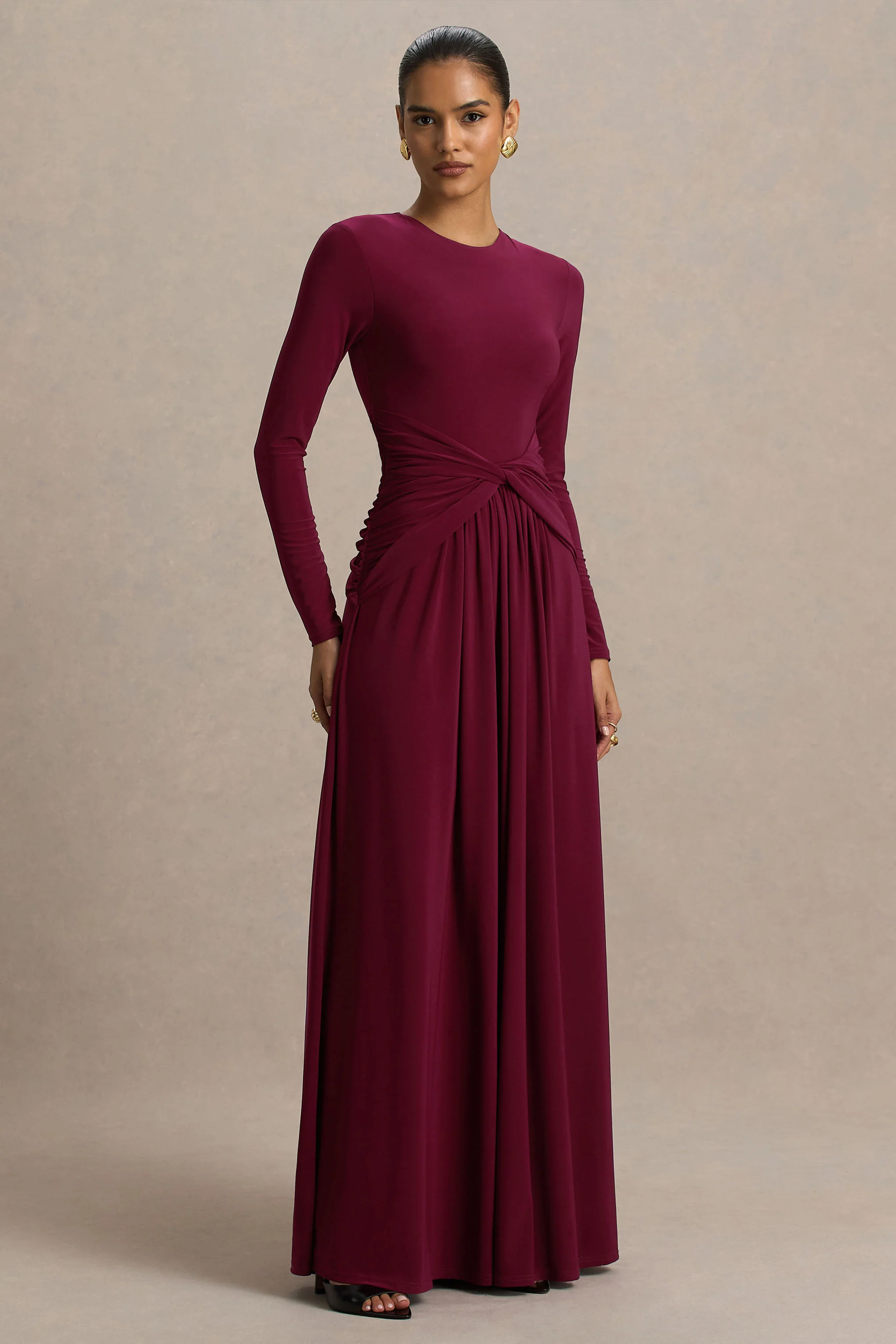 Estrella | Berry High-Neck Maxi Dress With Ruched Detailing - Image 5
