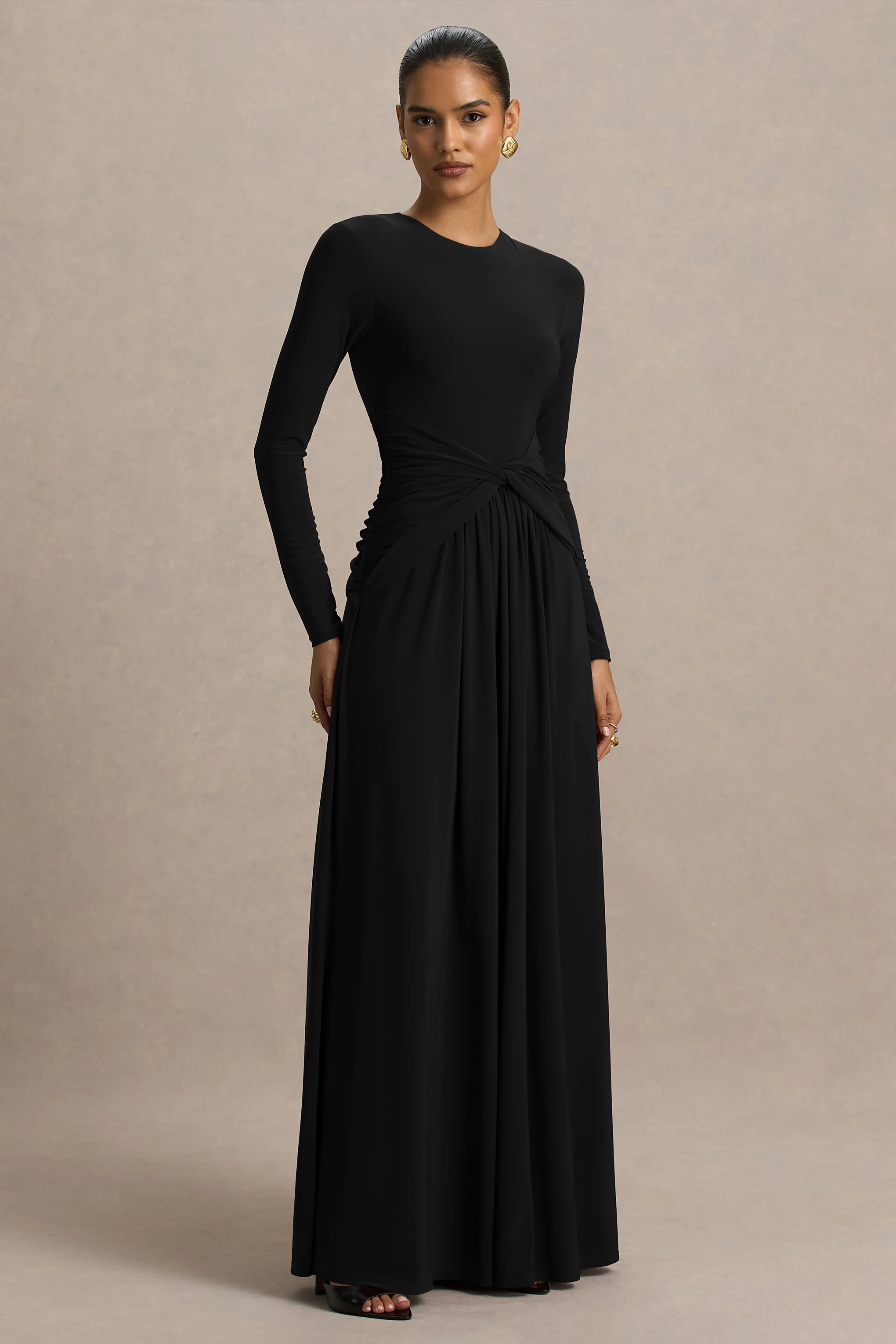 Estrella | Black High-Neck Maxi Dress With Ruched Detailing - Image 3