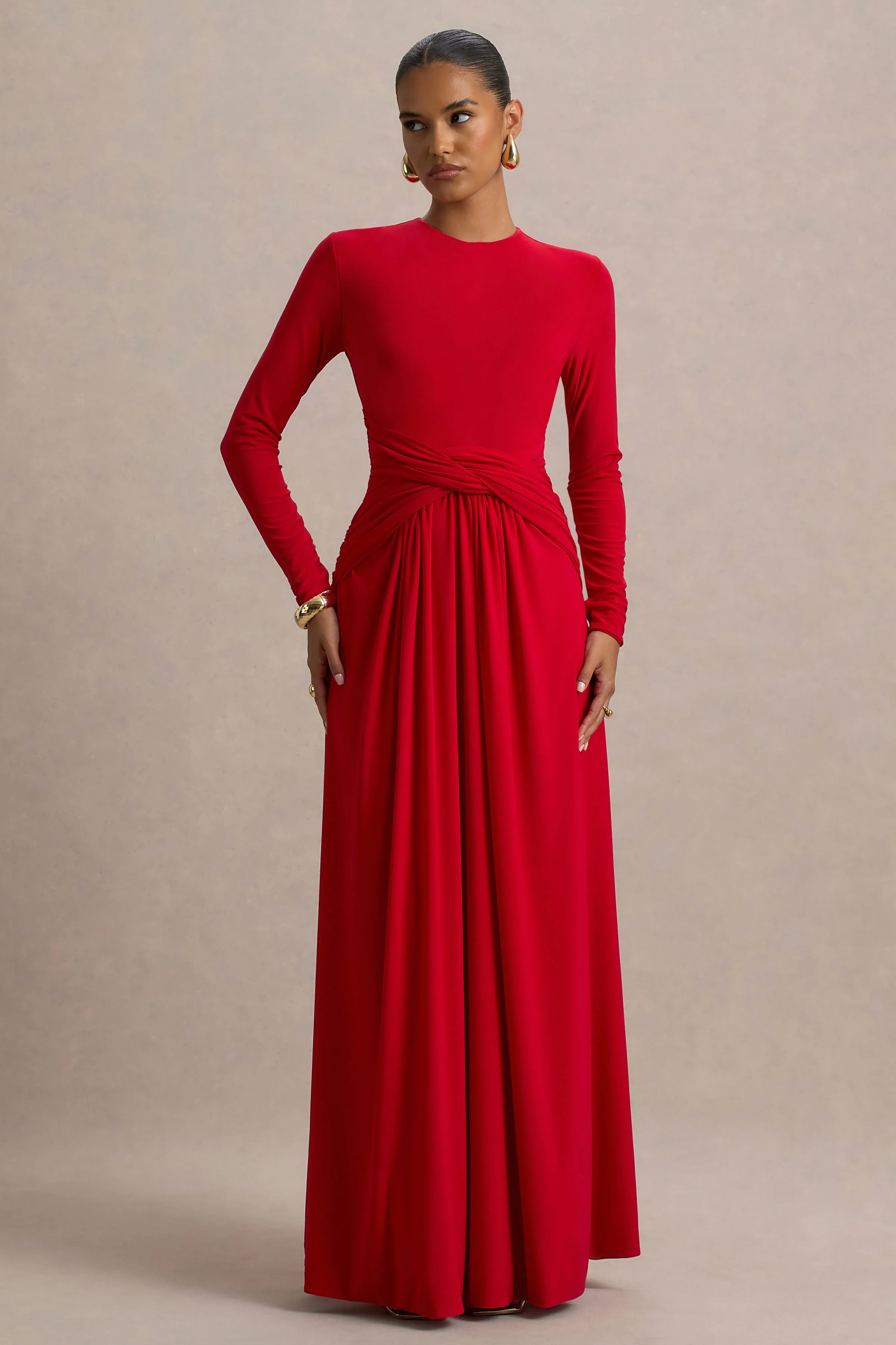 Estrella | Red High-Neck Maxi Dress With Ruched Detailing - Image 4