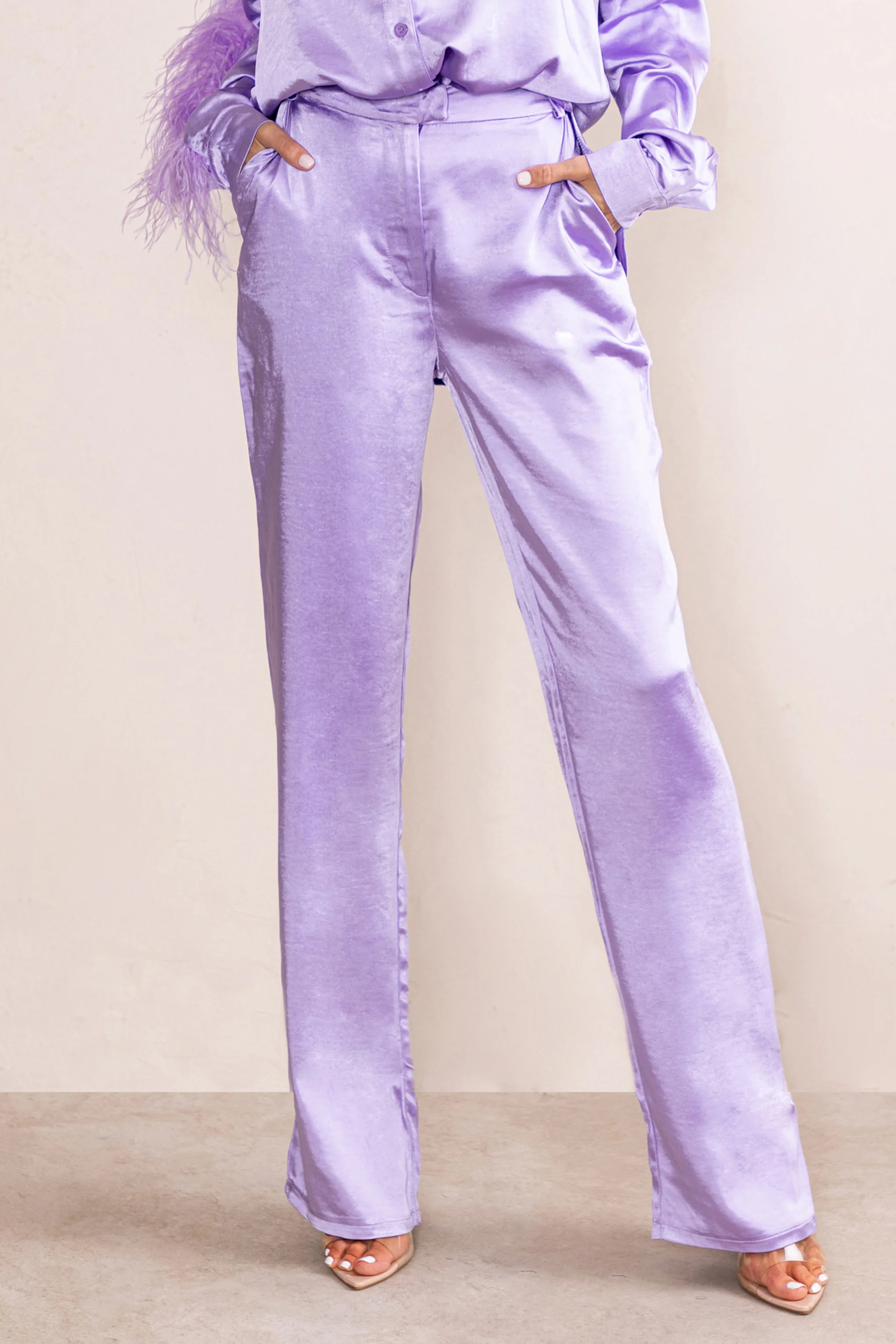 Evening Memories | Lilac Satin Wide Leg Trousers - Image 3