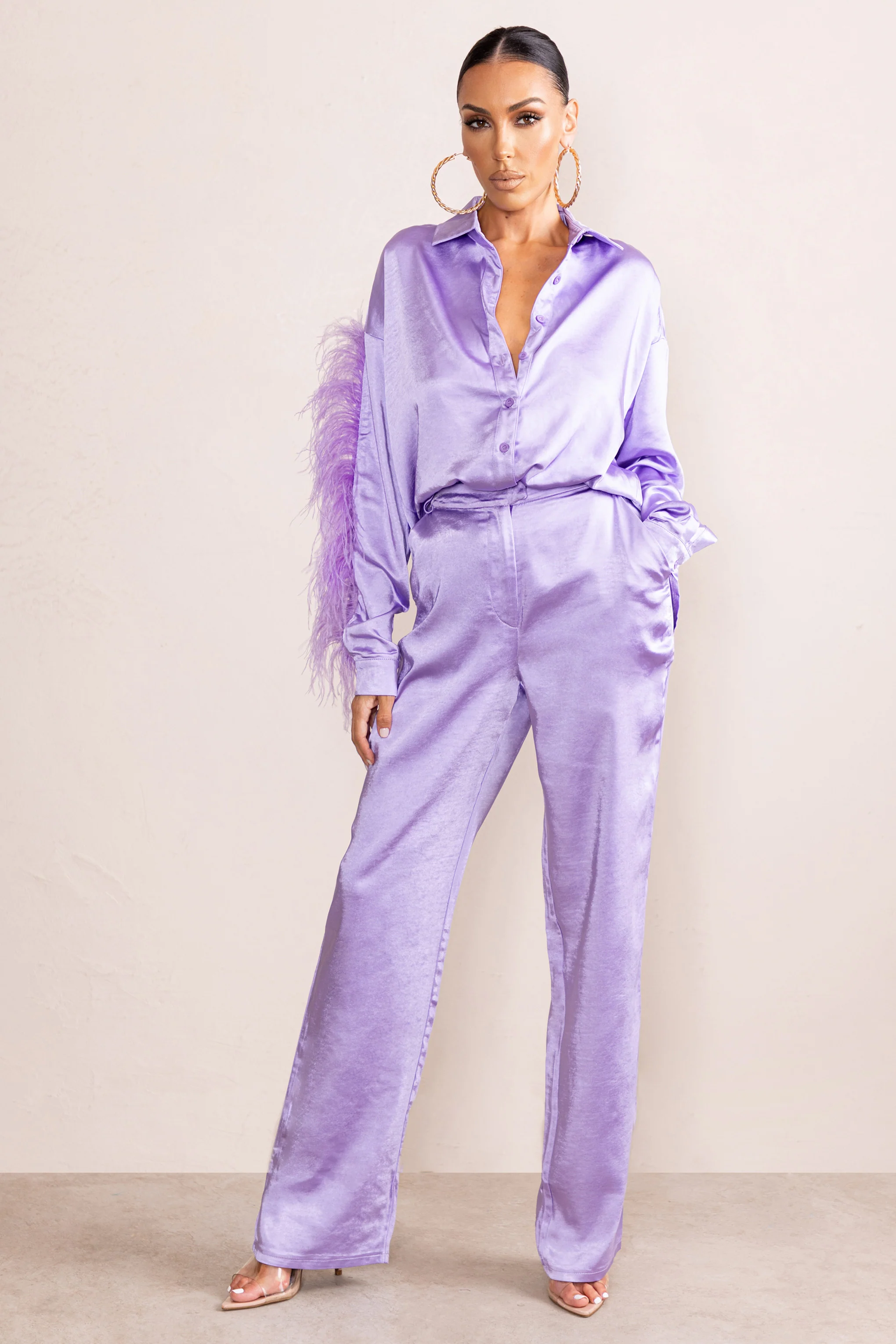 Evening Memories | Lilac Satin Wide Leg Trousers - Image 4