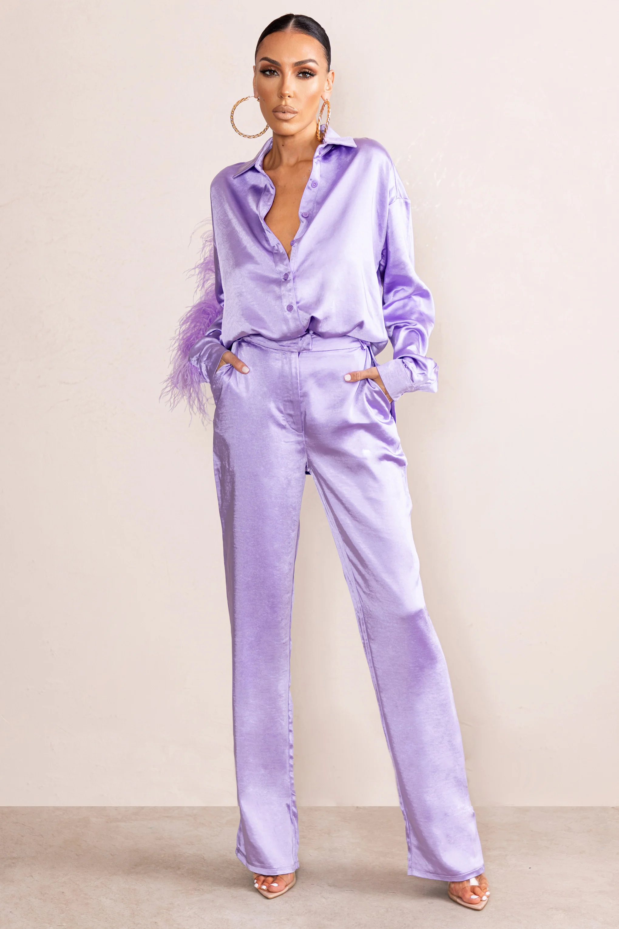 Evening Memories | Lilac Satin Wide Leg Trousers - Image 5