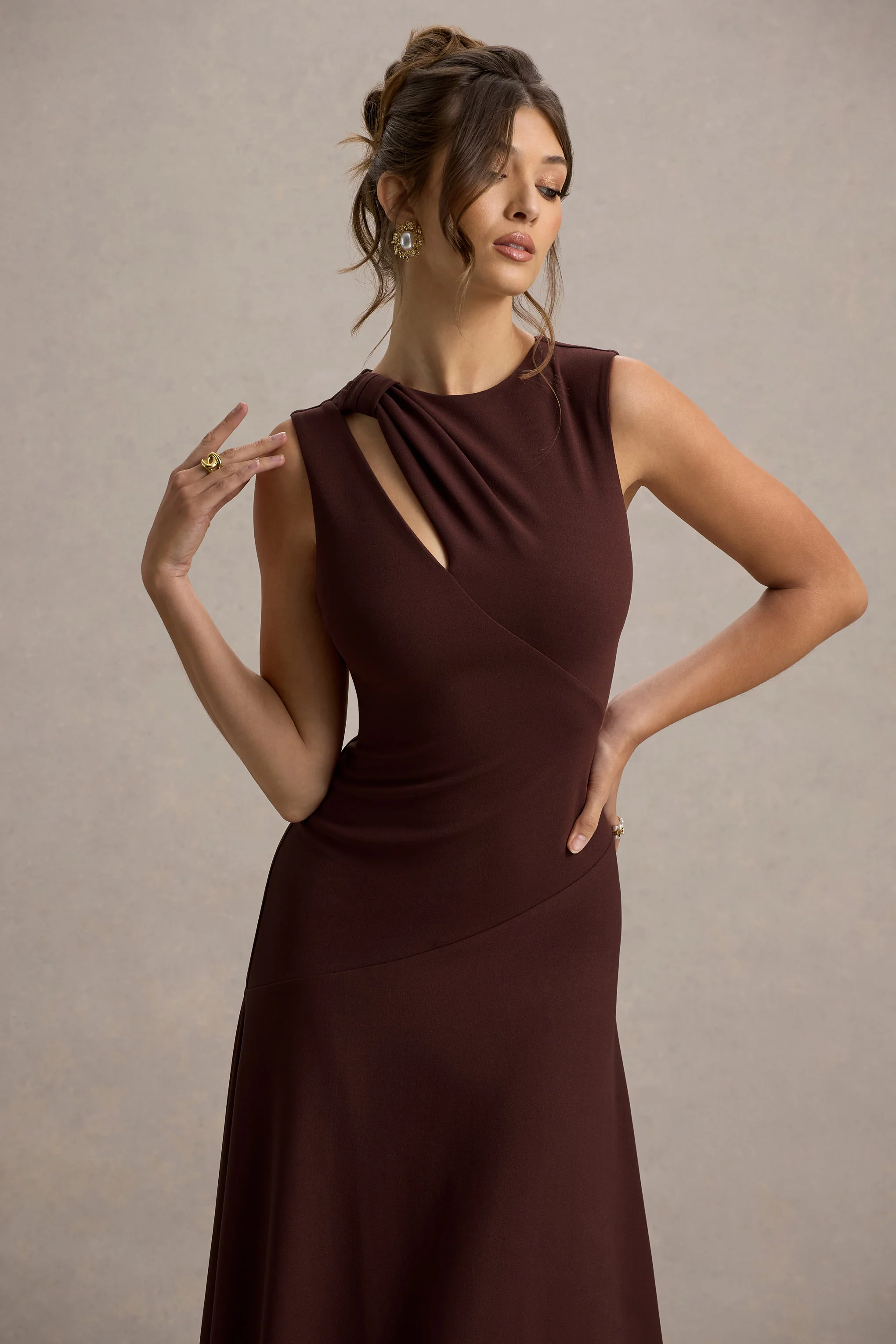 Francesca | Brown Knotted Midi Dress With Handkerchief Hem - Image 3