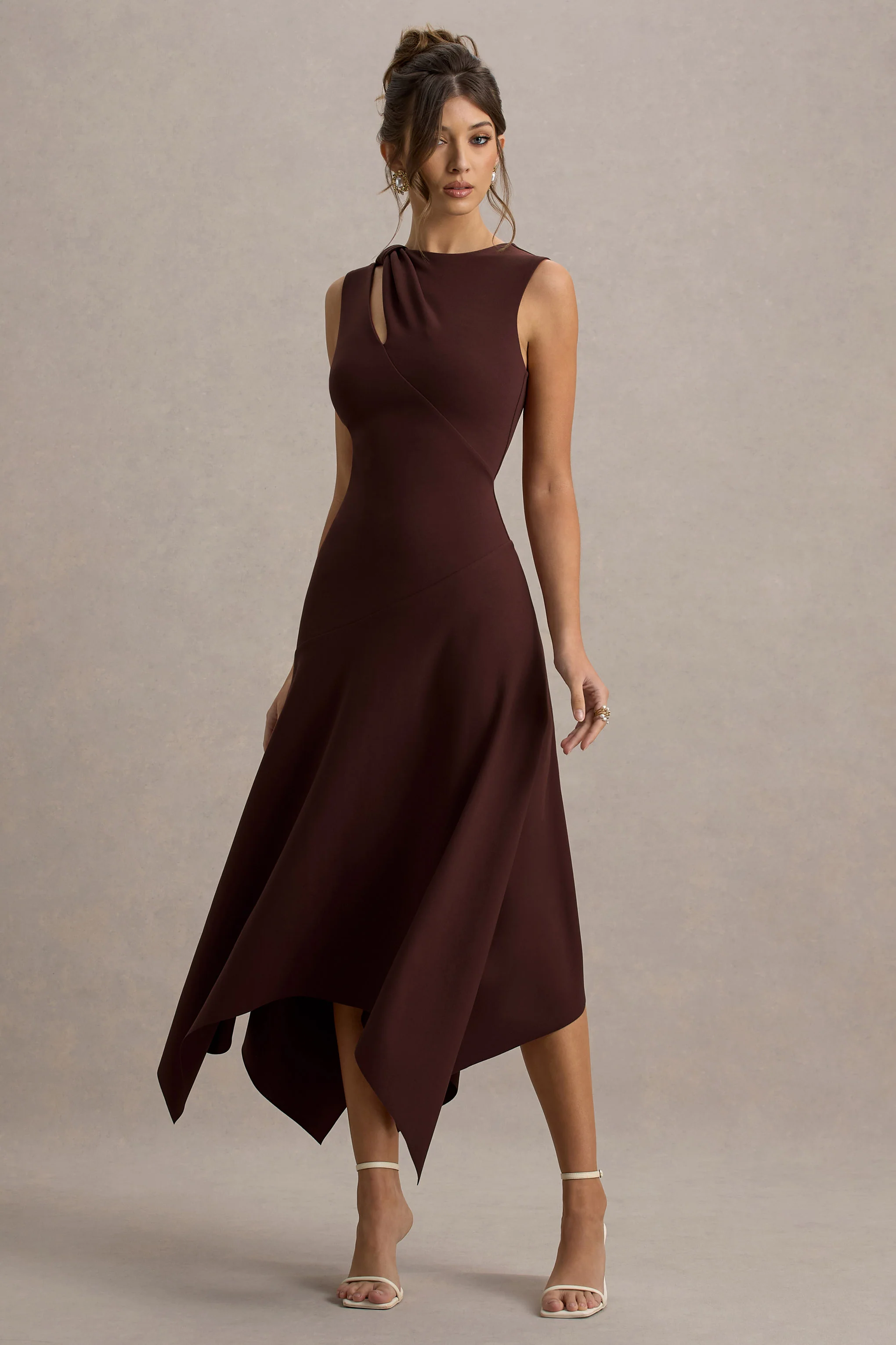 Francesca | Brown Knotted Midi Dress With Handkerchief Hem - Image 4