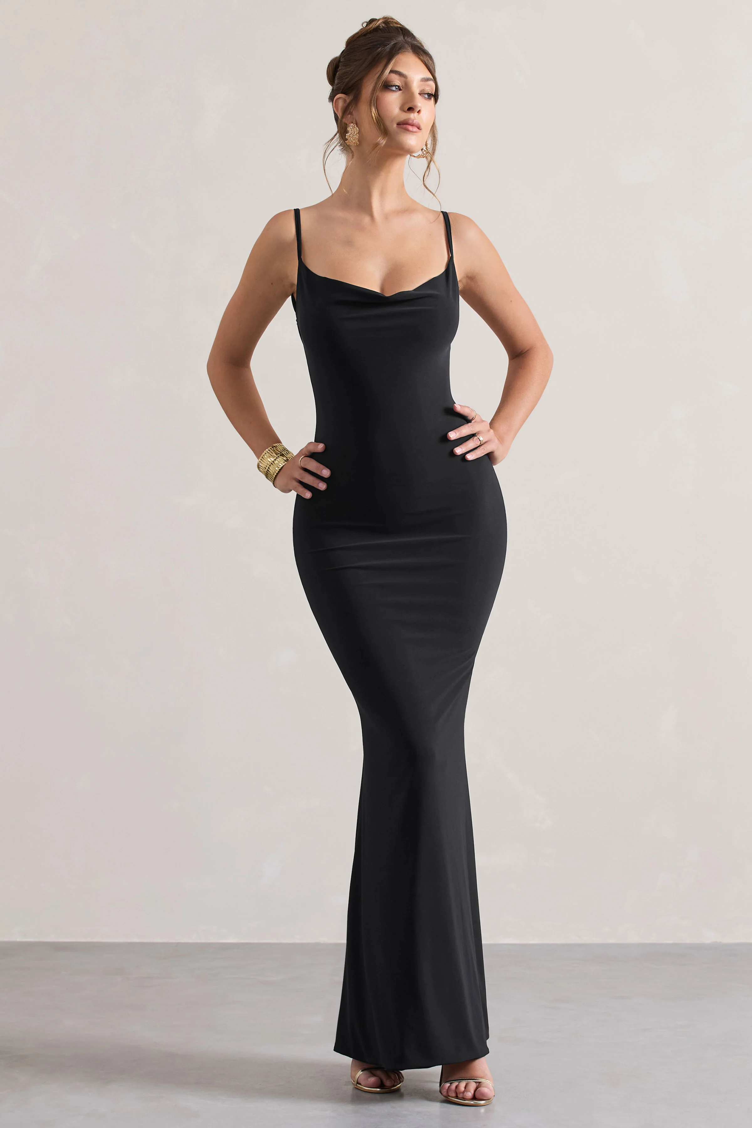 Francoise | Black Cowl Neck Backless Maxi Dress With Lace Insert - Image 4