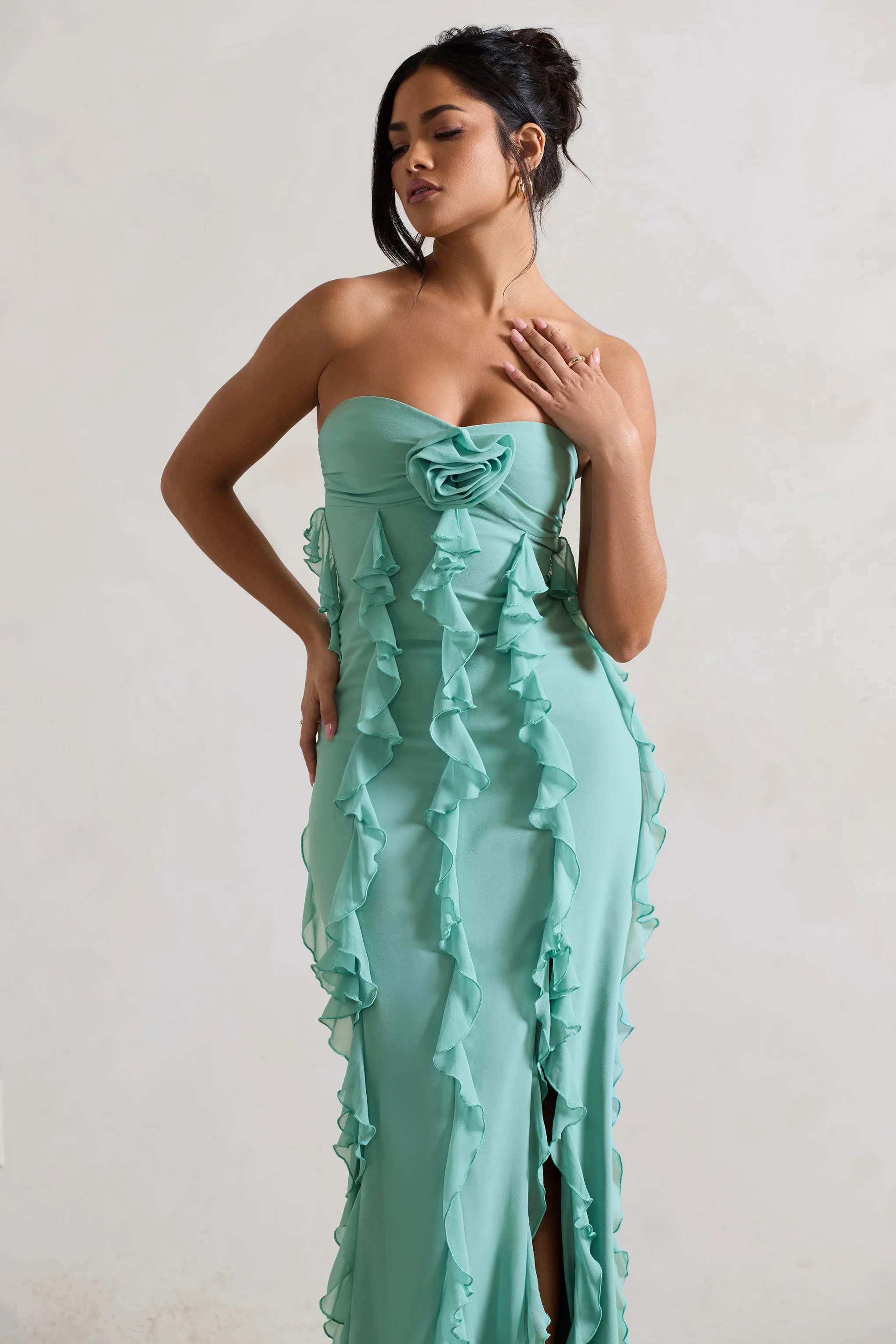 Gardenia | Mint Green Strapless Ruffle Maxi Dress With Corsage - Image 3