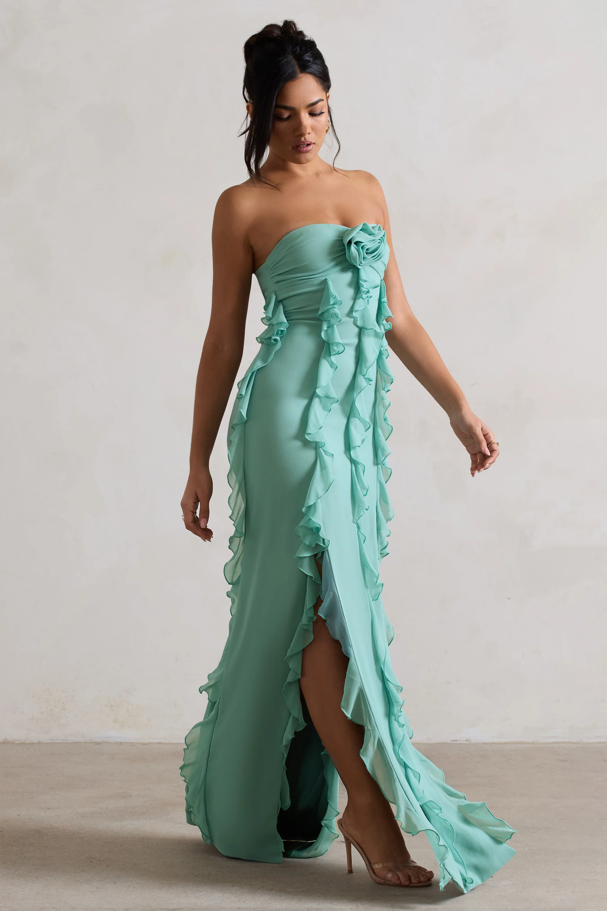 Gardenia | Mint Green Strapless Ruffle Maxi Dress With Corsage - Image 4