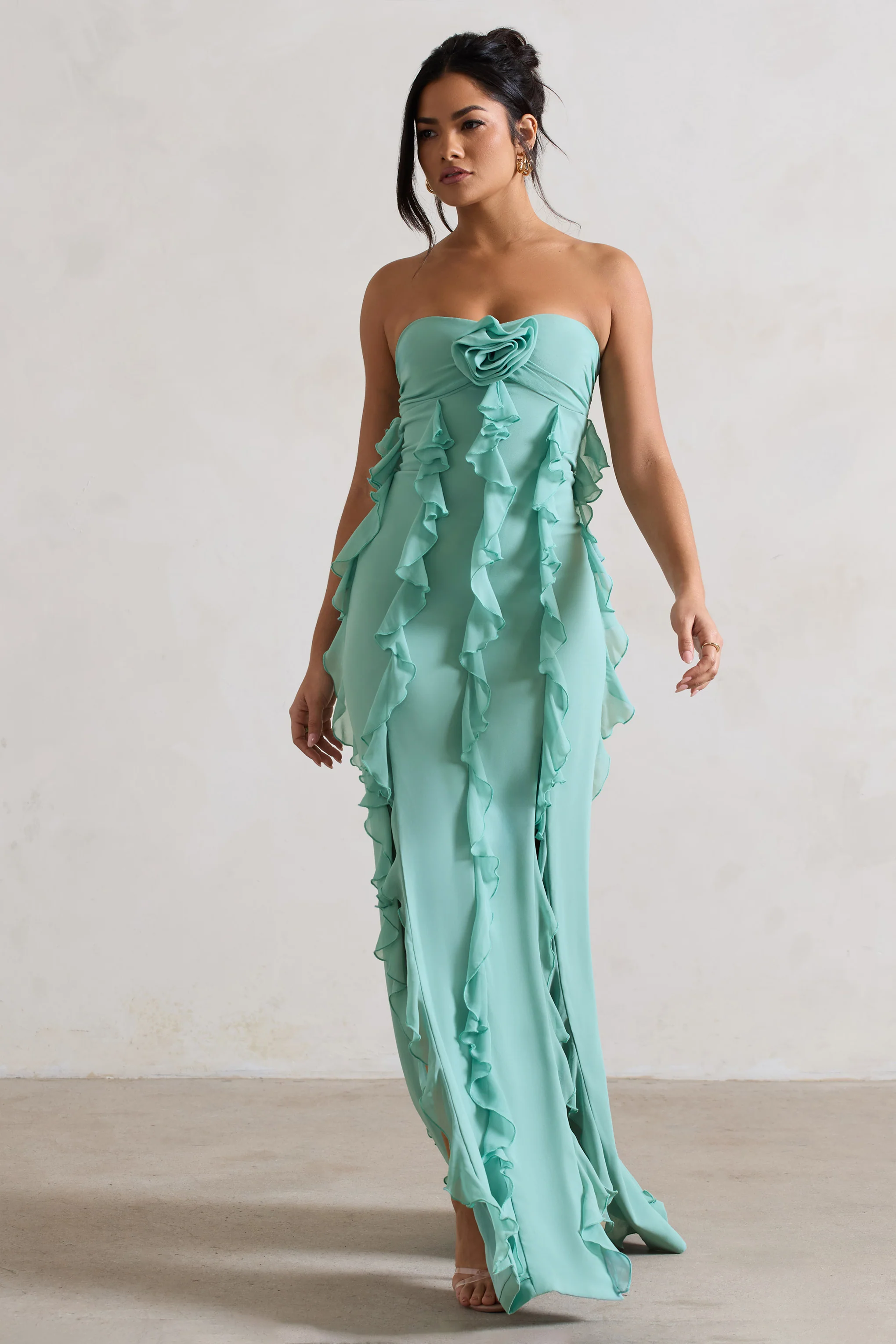 Gardenia | Mint Green Strapless Ruffle Maxi Dress With Corsage - Image 5
