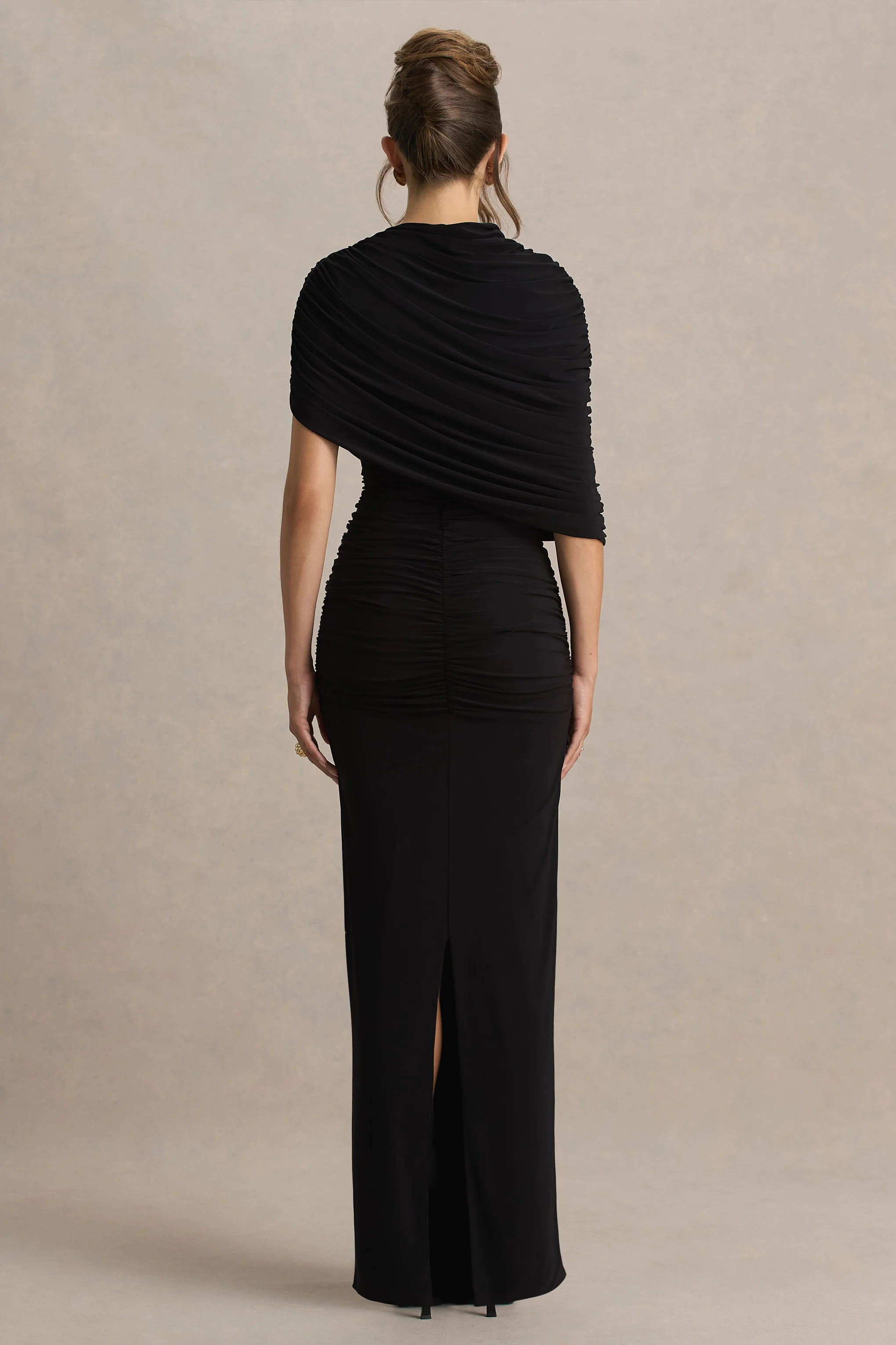 Glitz | Black High-Neck Maxi Dress With Cape Sleeve and Ruched Detail - Image 3