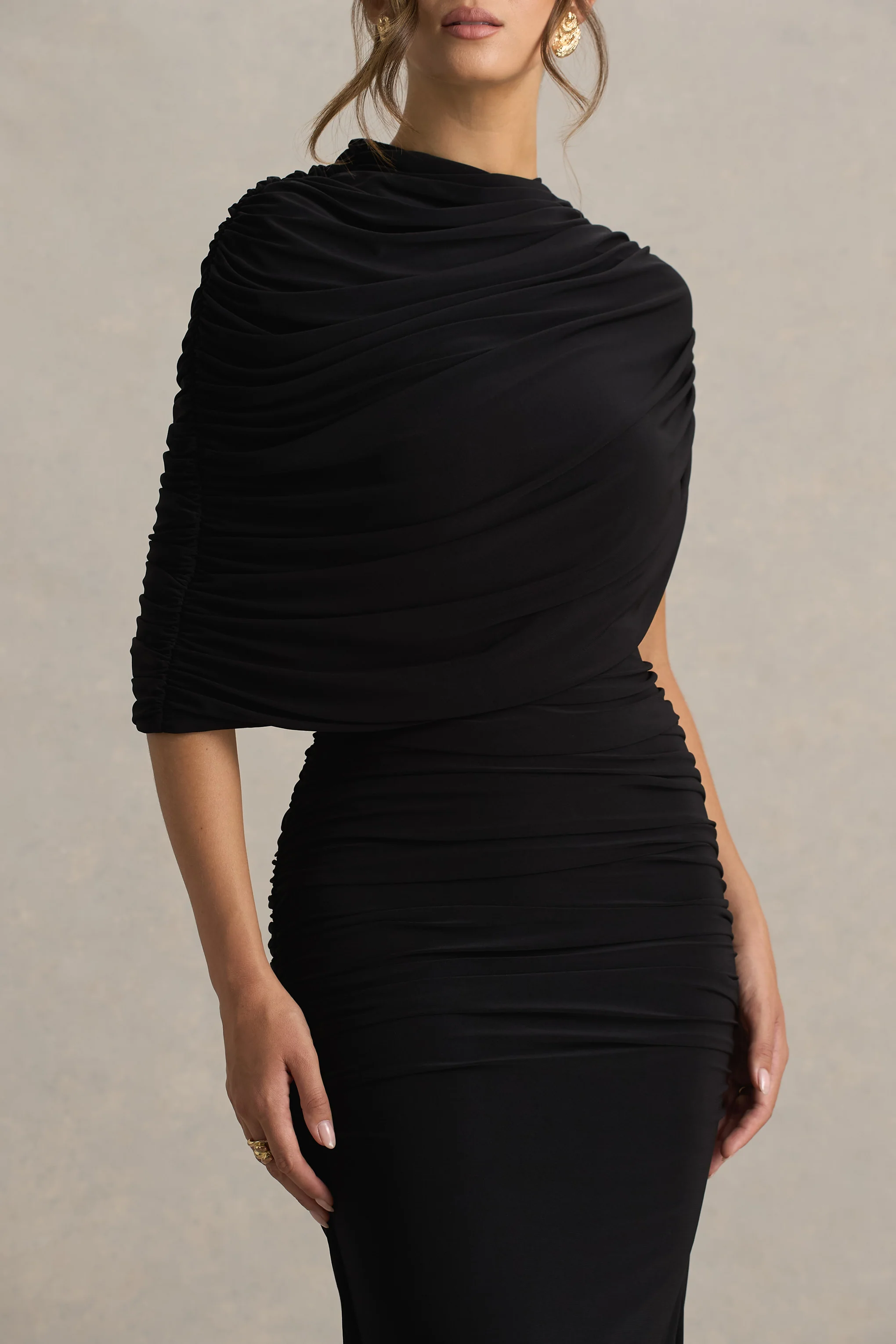 Glitz | Black High-Neck Maxi Dress With Cape Sleeve and Ruched Detail - Image 4