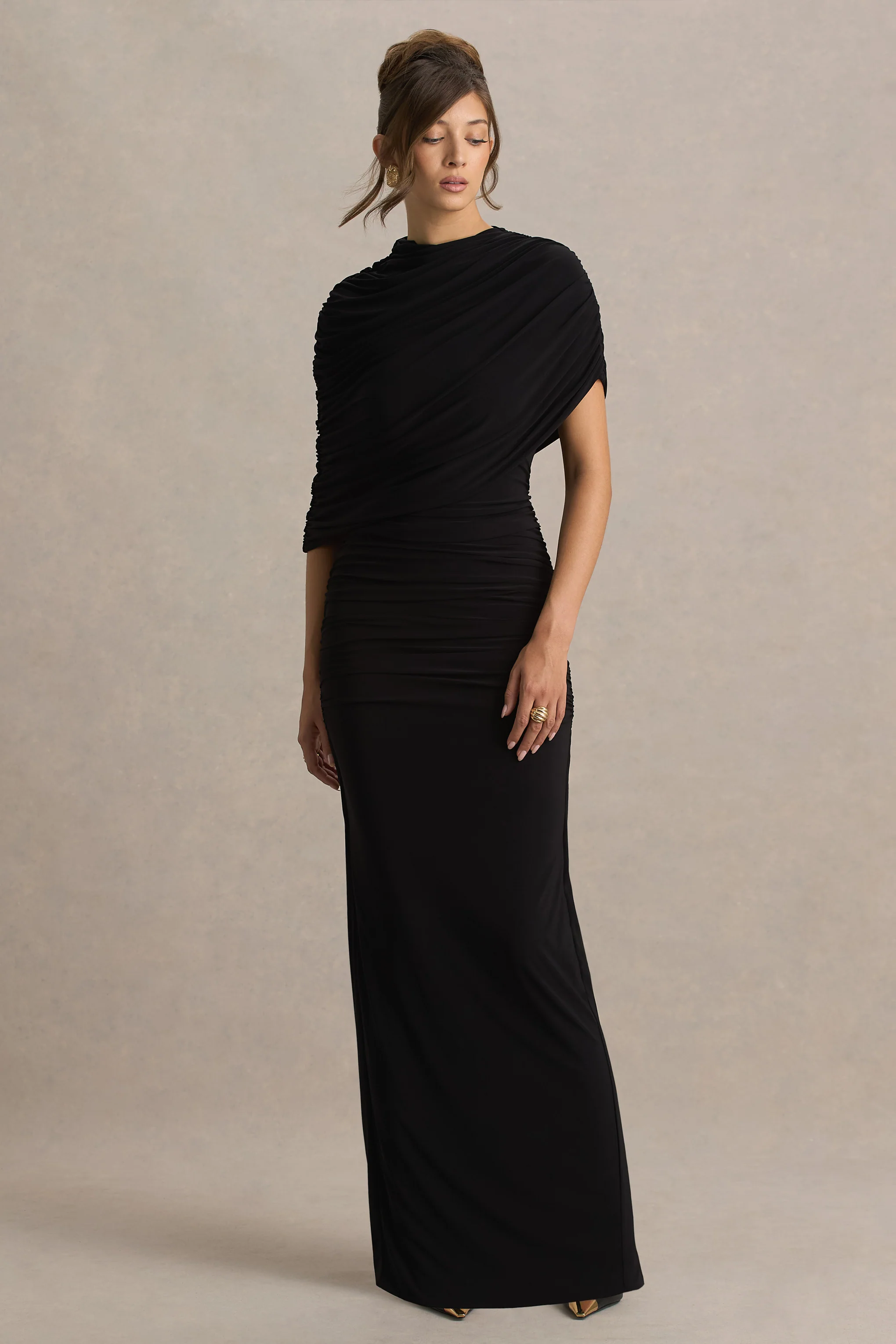 Glitz | Black High-Neck Maxi Dress With Cape Sleeve and Ruched Detail - Image 5