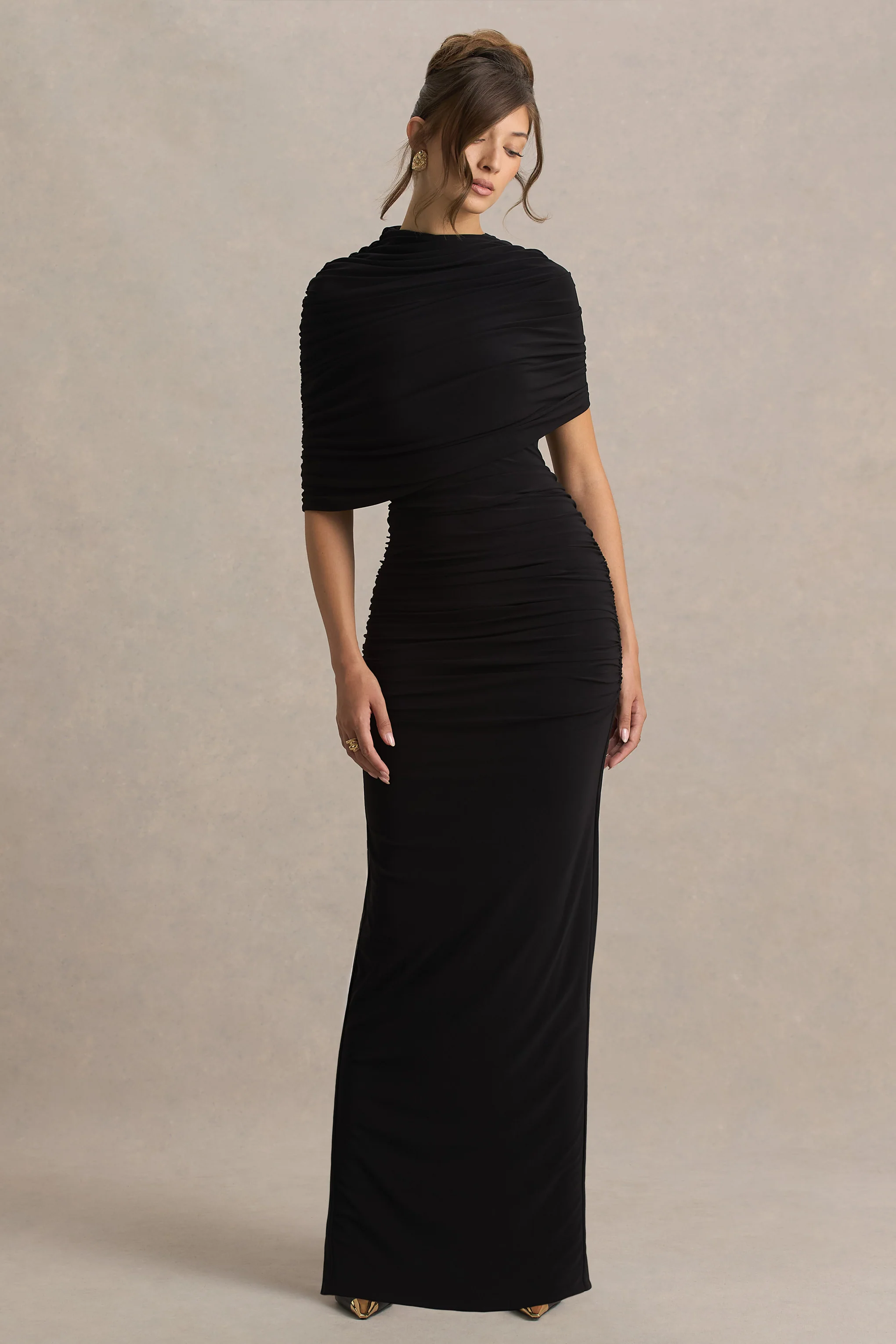 Glitz | Black High-Neck Maxi Dress With Cape Sleeve and Ruched Detail - Image 6