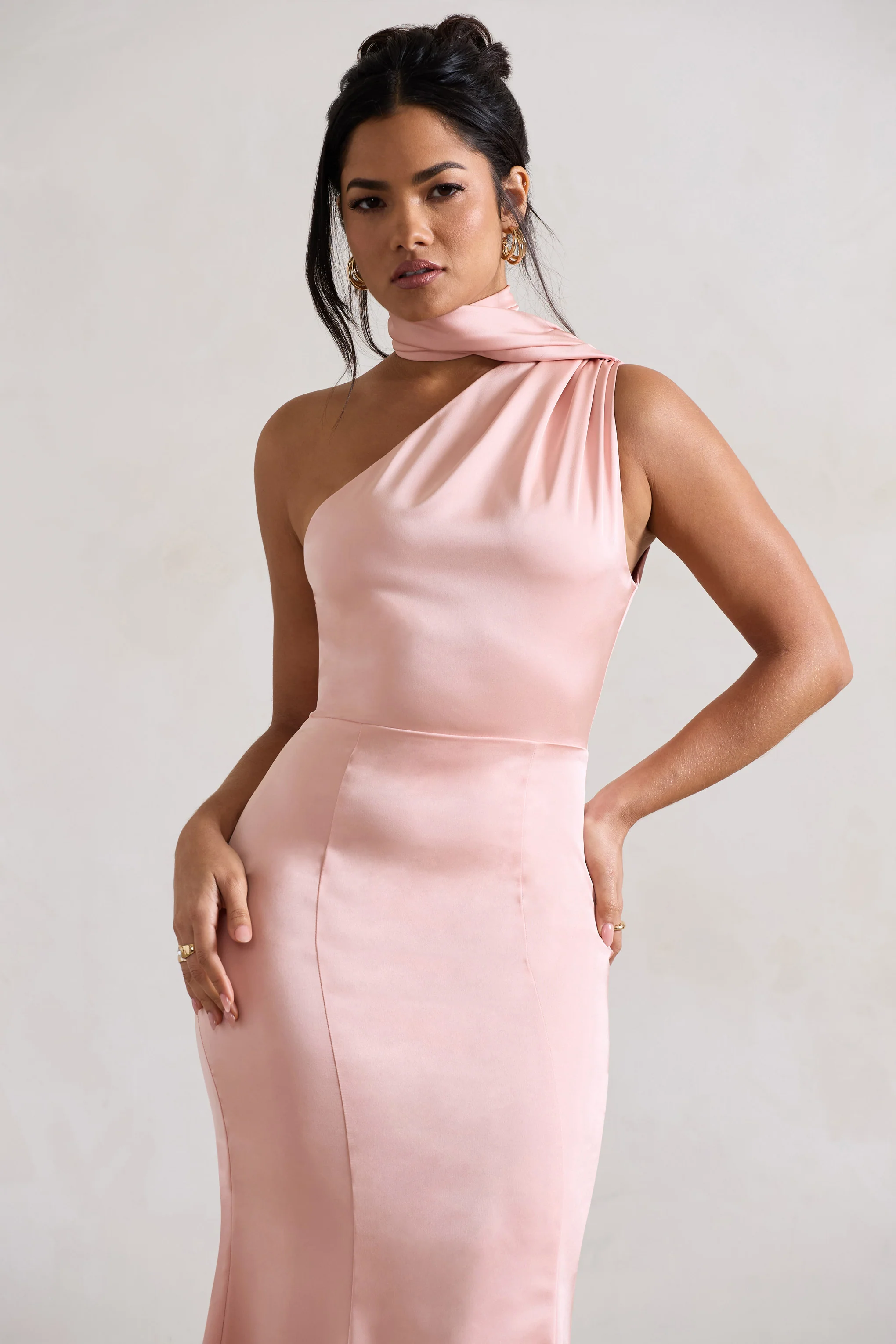 Golden Girl | Blush Pink Satin One Shoulder High-Neck Flared Midi Dress - Image 3