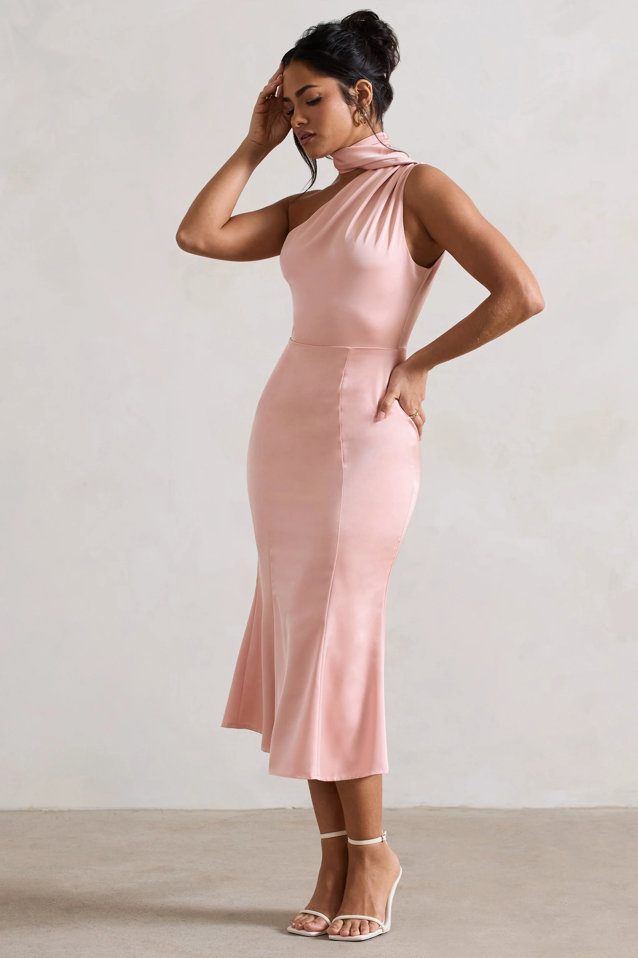 Golden Girl | Blush Pink Satin One Shoulder High-Neck Flared Midi Dress - Image 4