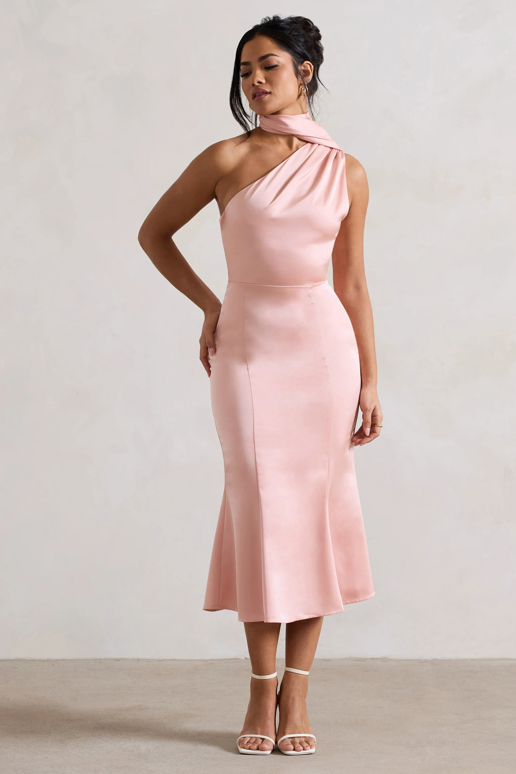 Golden Girl | Blush Pink Satin One Shoulder High-Neck Flared Midi Dress - Image 5